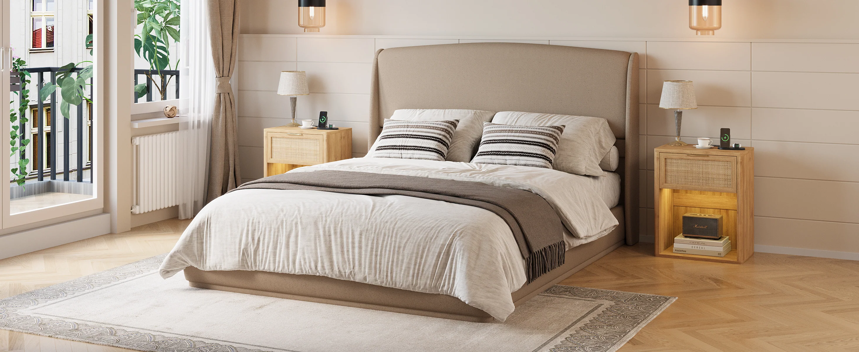 Elegant Linen Upholstered Queen Bed Frame with Wingback Headboard - Image 40