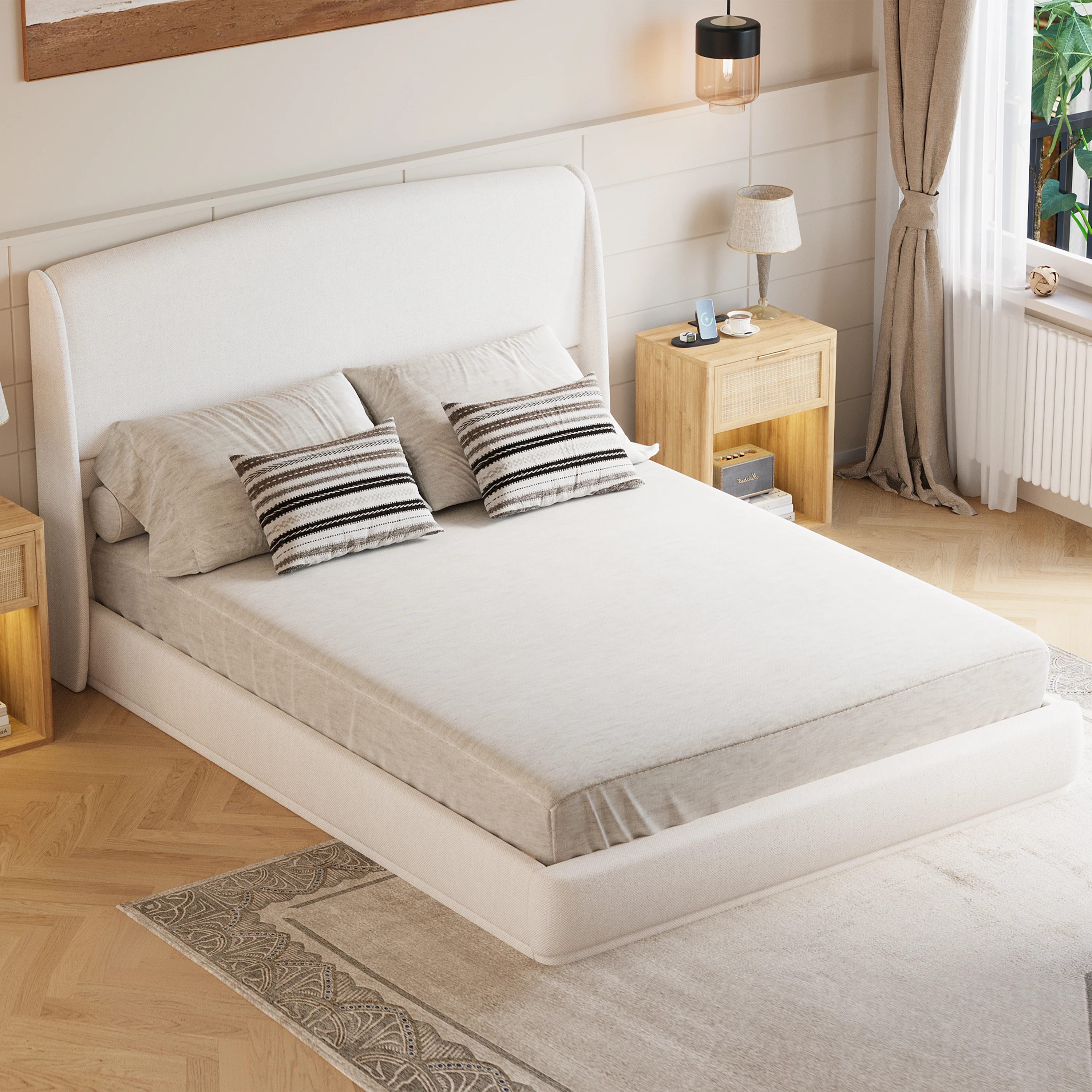 Elegant Linen Upholstered Queen Bed Frame with Wingback Headboard - Image 7