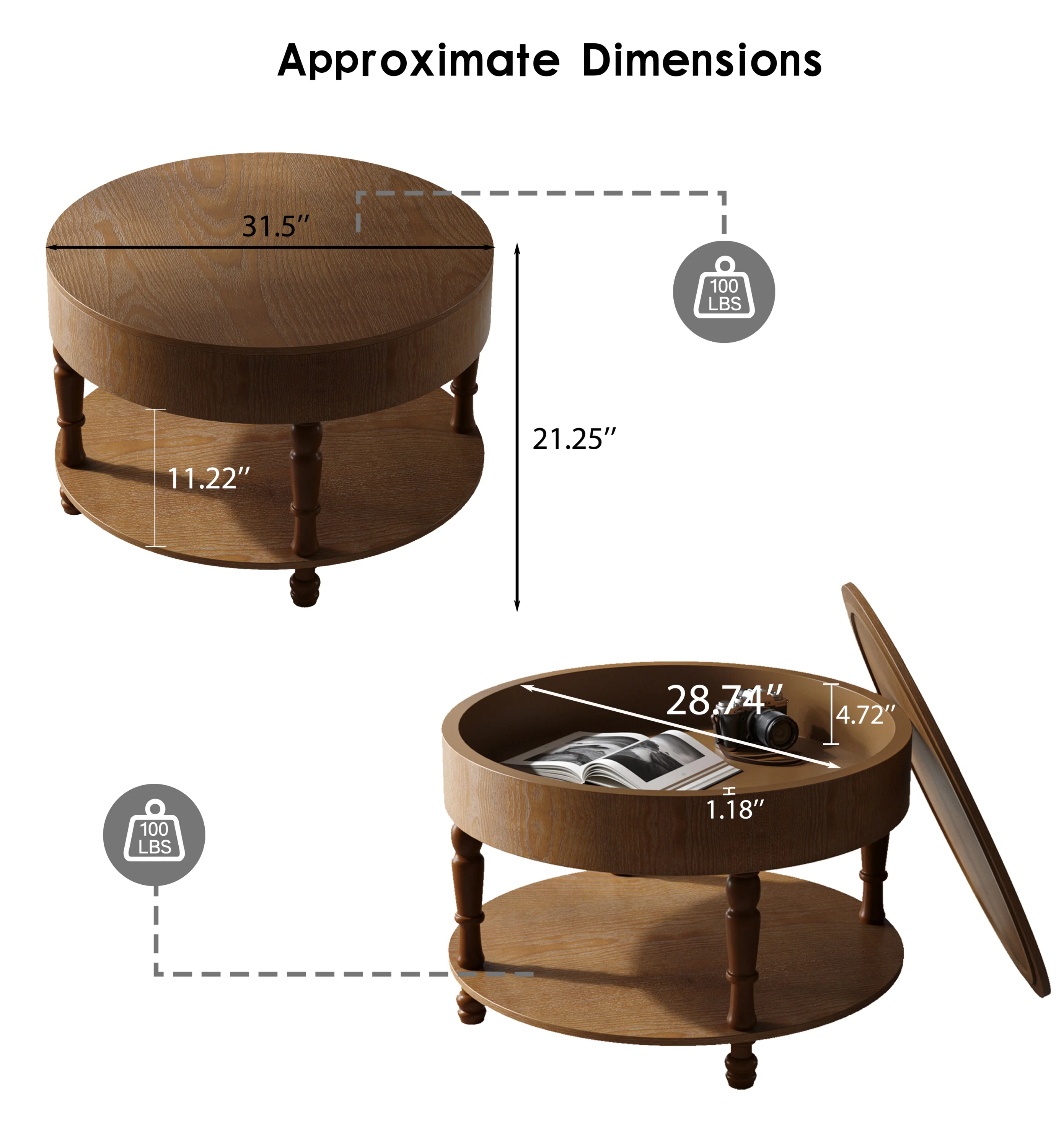 Walker Edison | Elevated Traditional 31.5' Round Coffee Table with Dual Storage - Image 5