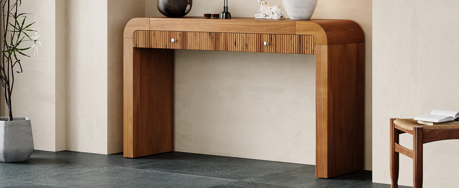 Walker Edison | Entryway Fluted Curve Design Console/Desk Table with Drawers - Image 14