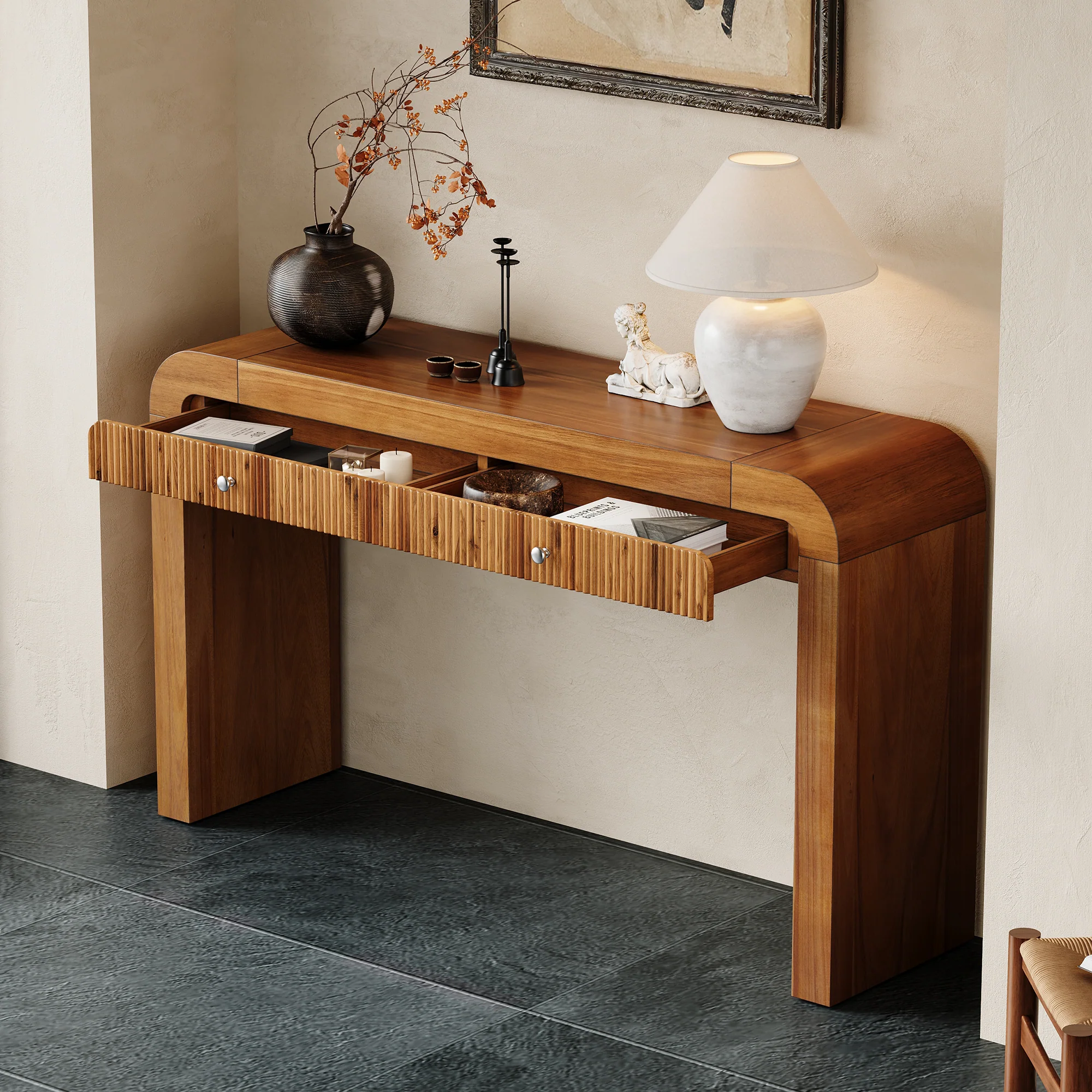 Walker Edison | Entryway Fluted Curve Design Console/Desk Table with Drawers - Image 2