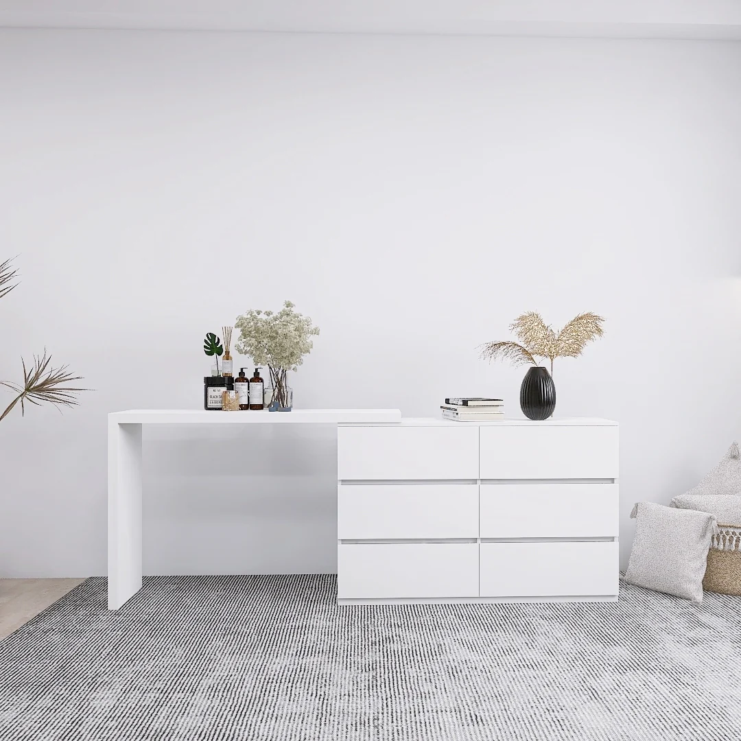 Extendable L-Shape 6 Drawer Dresser & Desk Vanity
