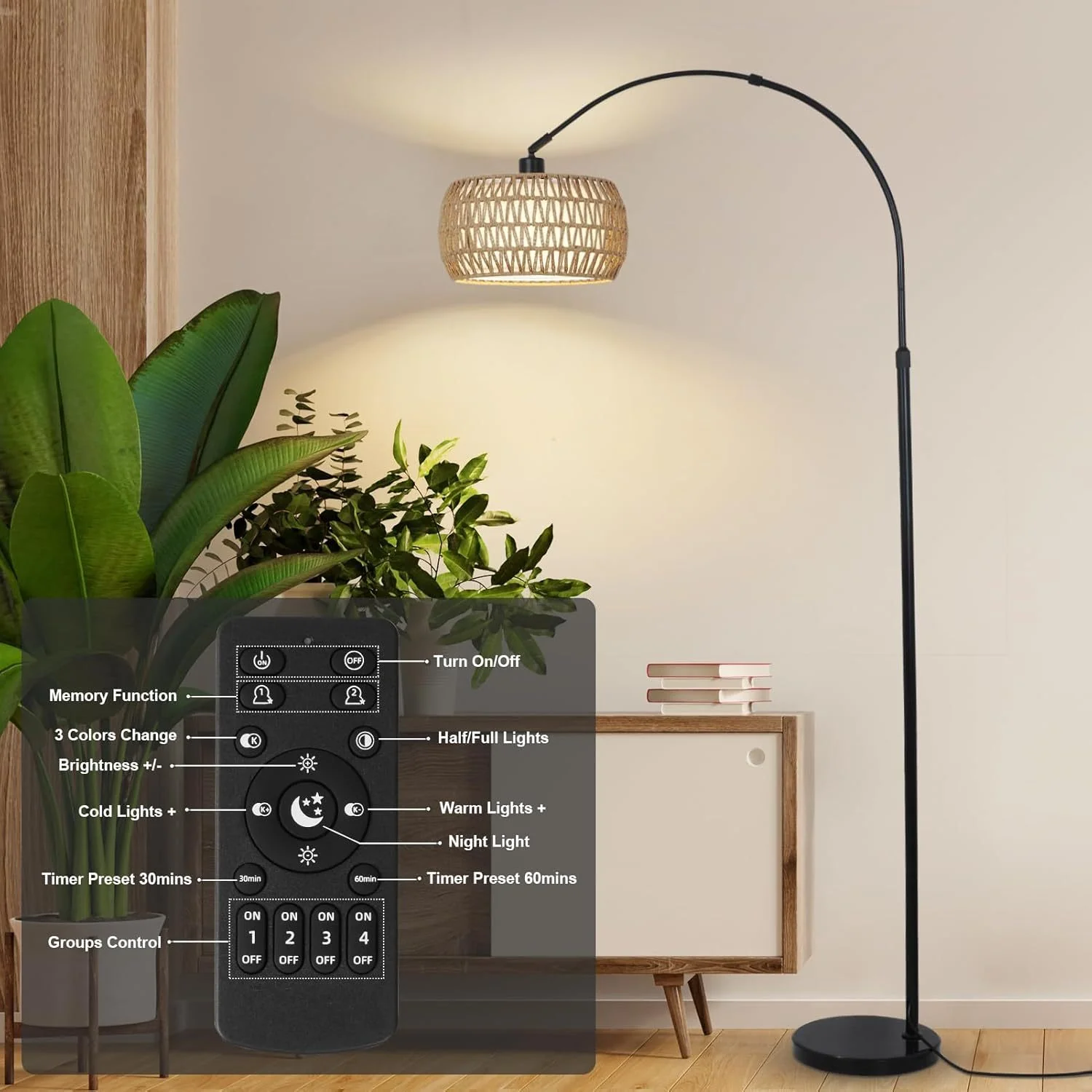 Walker Edison | Boho Arc Floor Lamps for Living Room with 3 Color Temperatures - Image 4