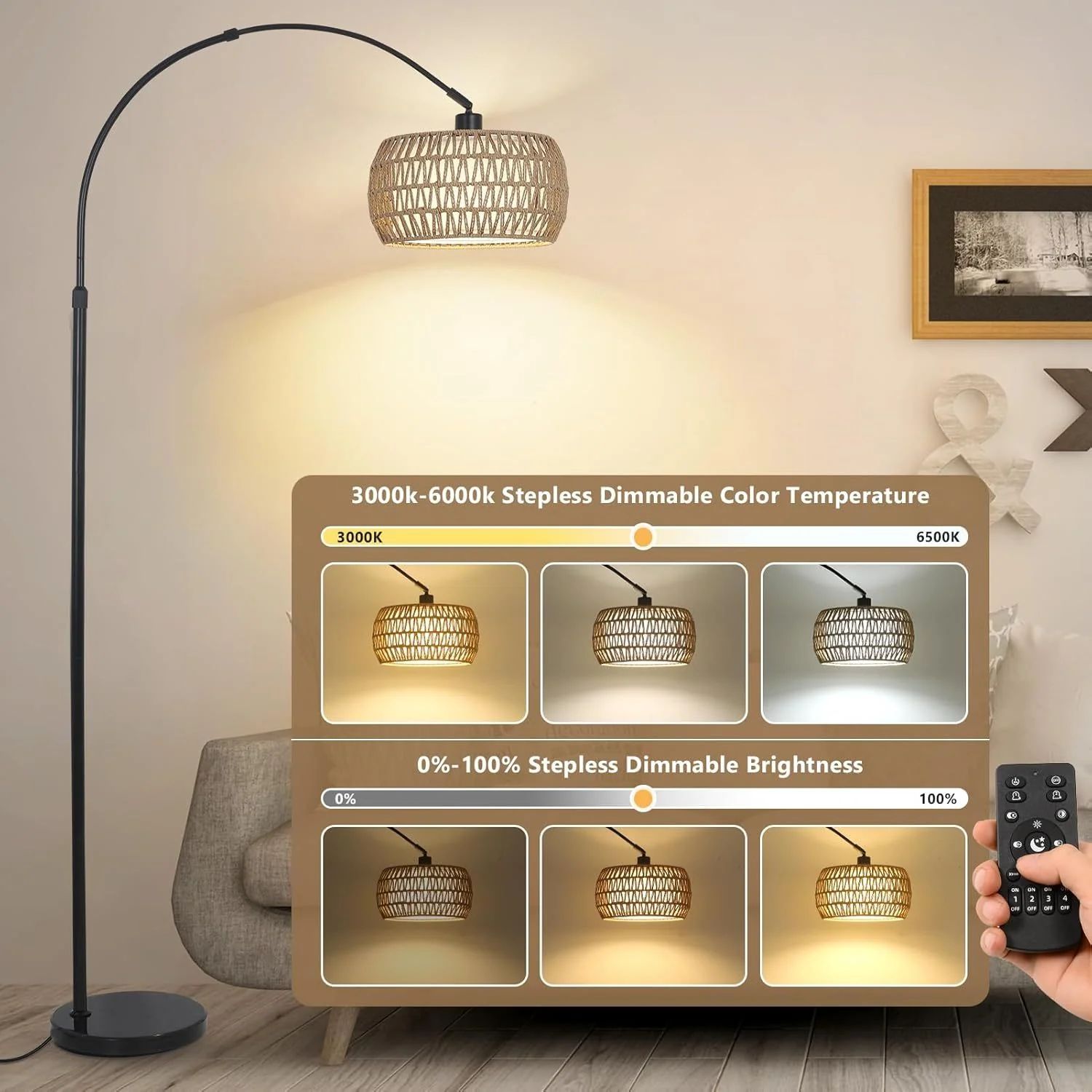 Walker Edison | Boho Arc Floor Lamps for Living Room with 3 Color Temperatures - Image 9