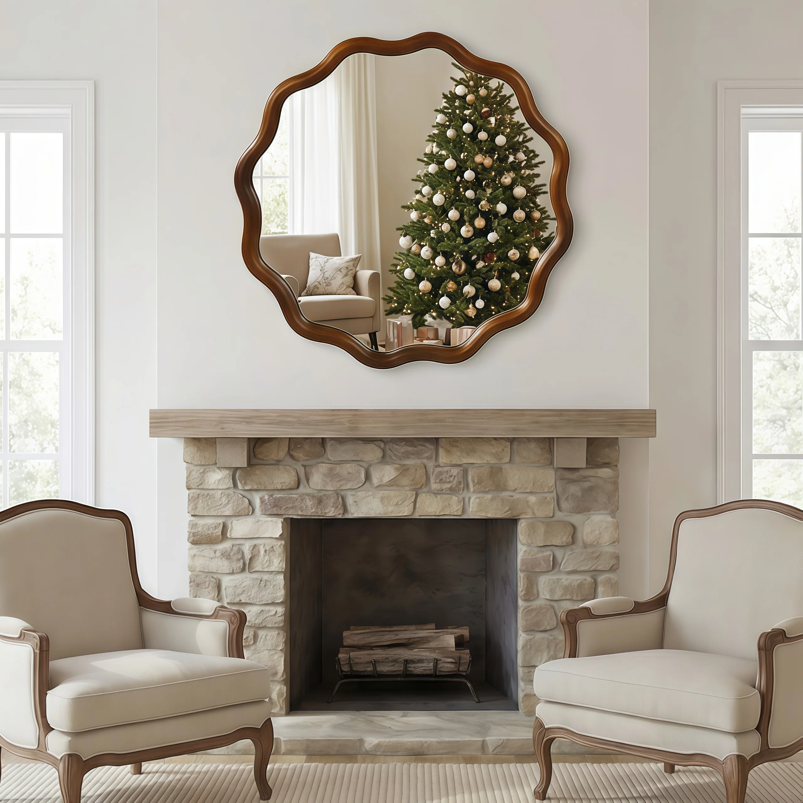 Walnut Color 36-inch Wavy Round Solid Wood Frame Decorative Mirror - Image 16