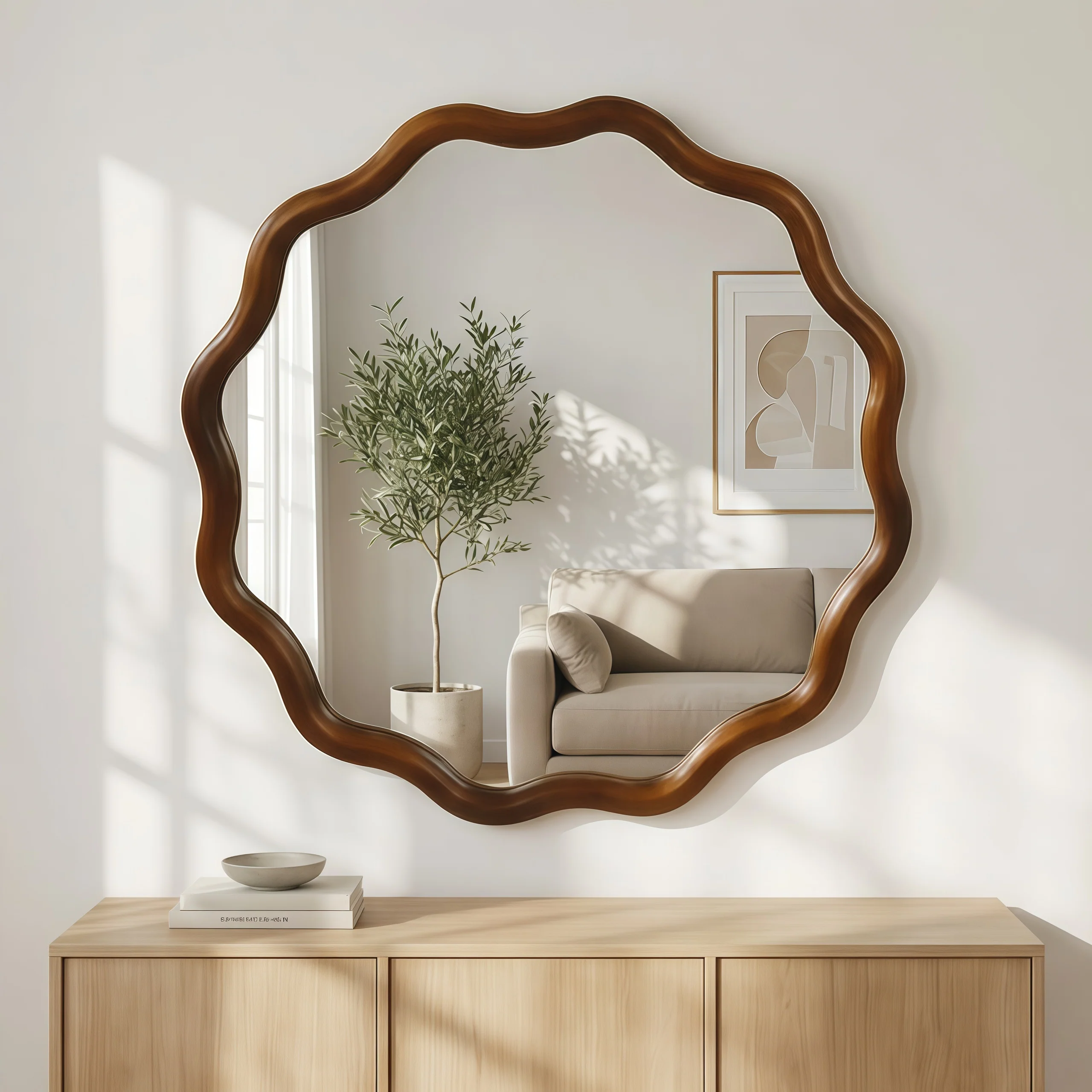 Walnut Color 36-inch Wavy Round Solid Wood Frame Decorative Mirror - Image 2