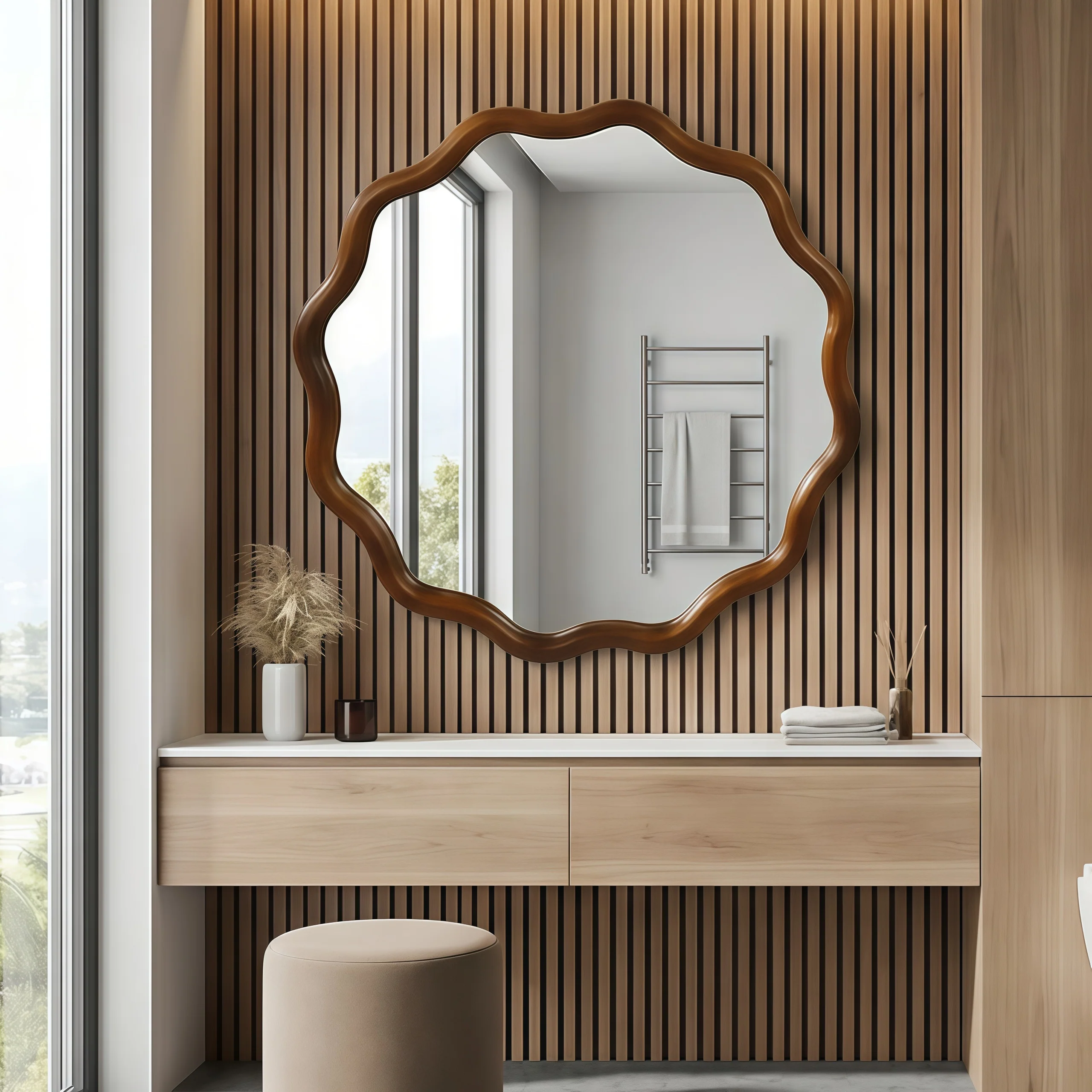 Walnut Color 36-inch Wavy Round Solid Wood Frame Decorative Mirror - Image 3