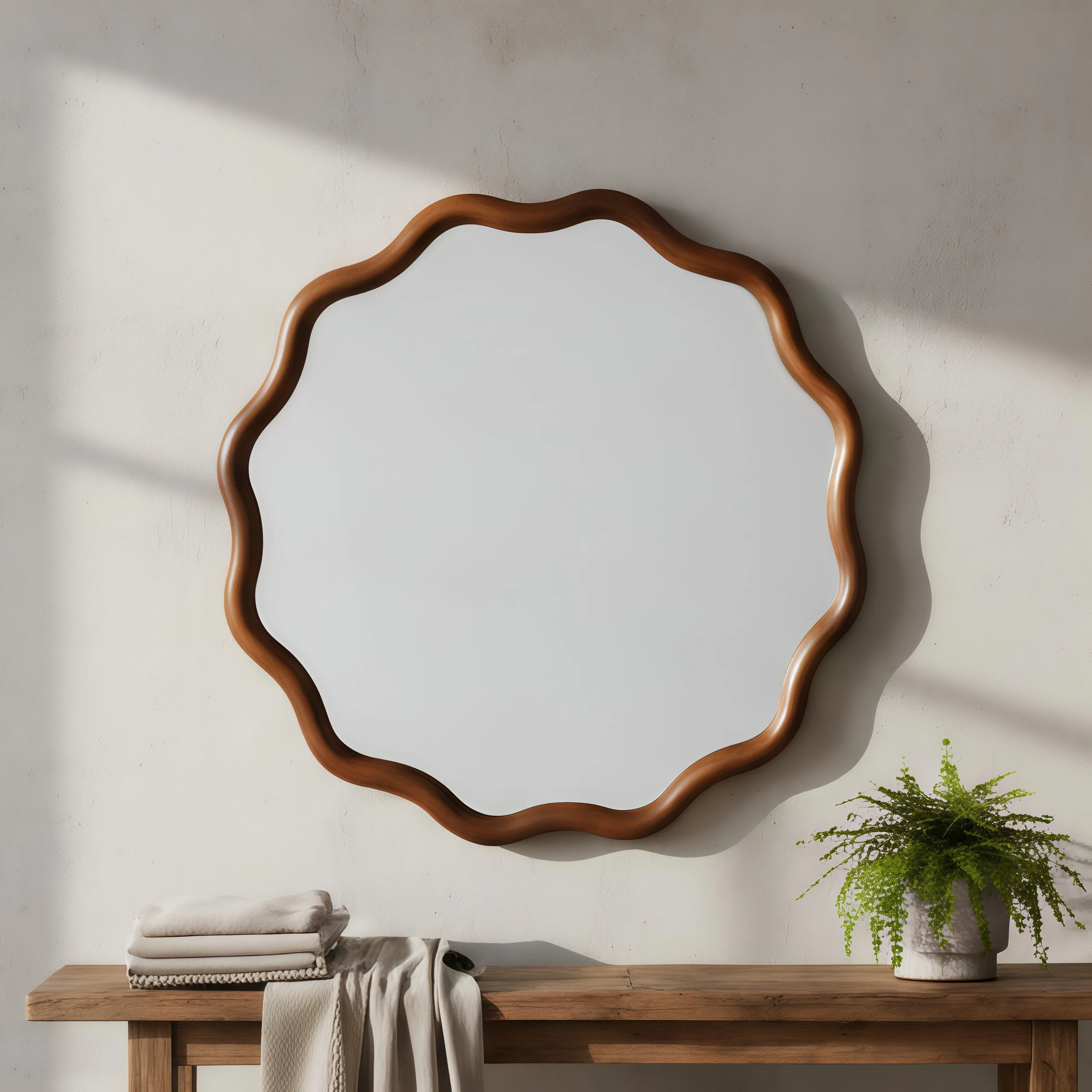 Walnut Color 36-inch Wavy Round Solid Wood Frame Decorative Mirror - Image 6