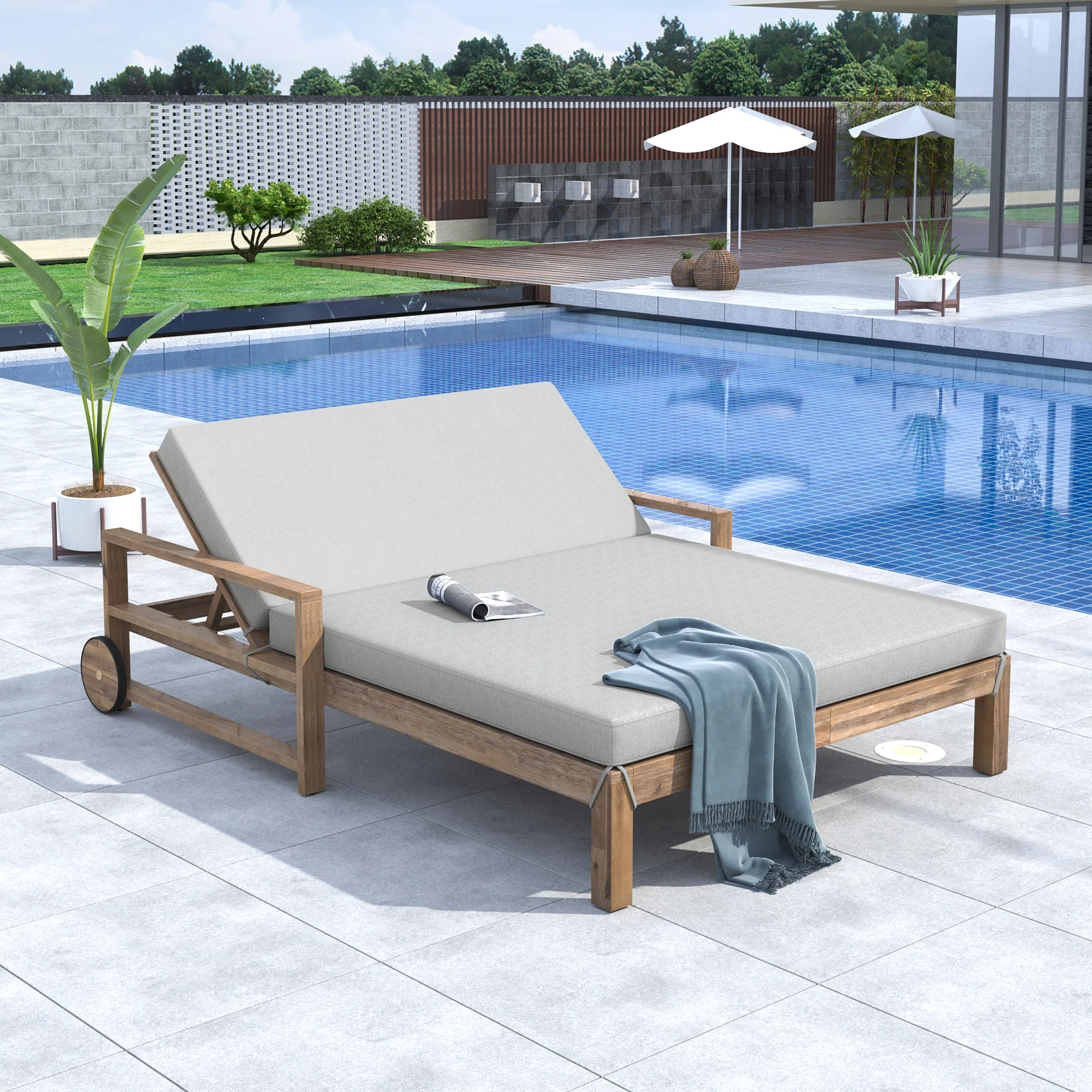 Modern Teak Wood Outdoor Patio Sunbed Lounger