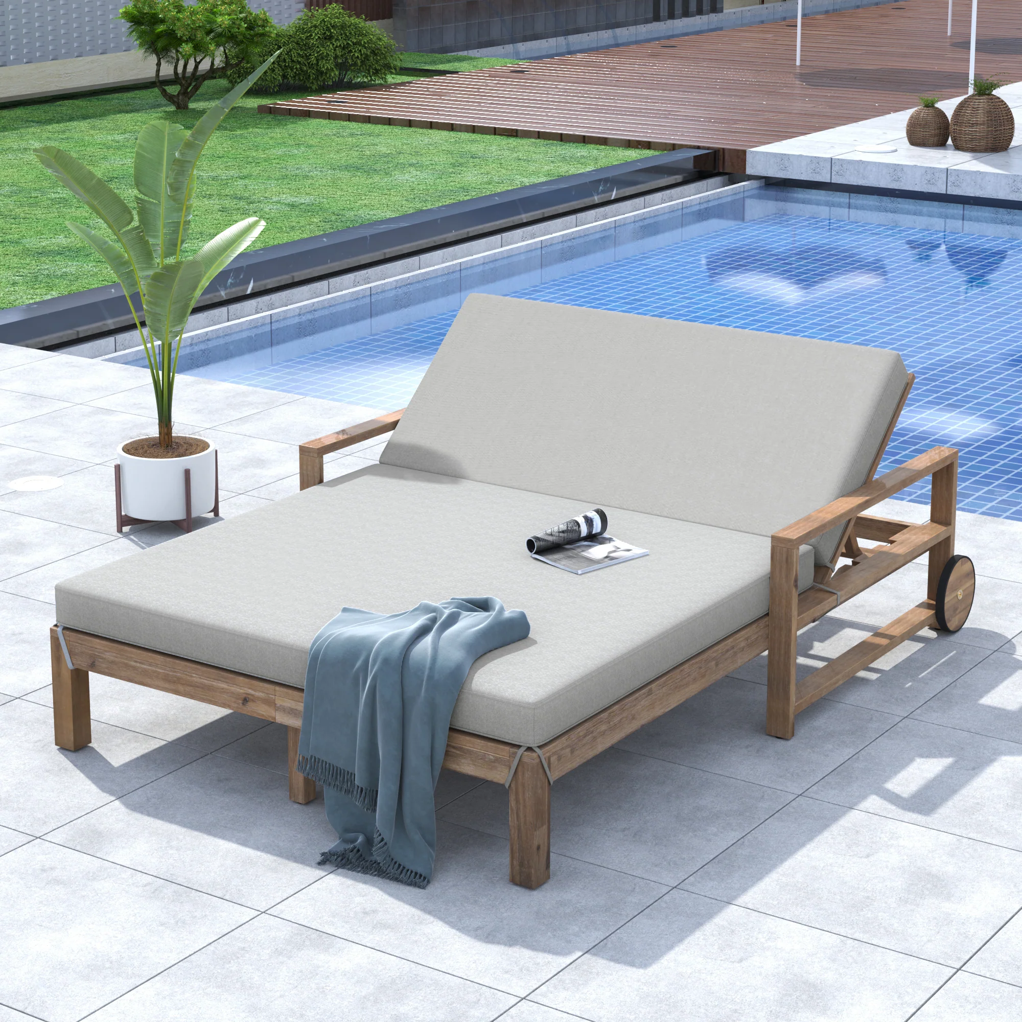Modern Teak Wood Outdoor Patio Sunbed Lounger - Image 2