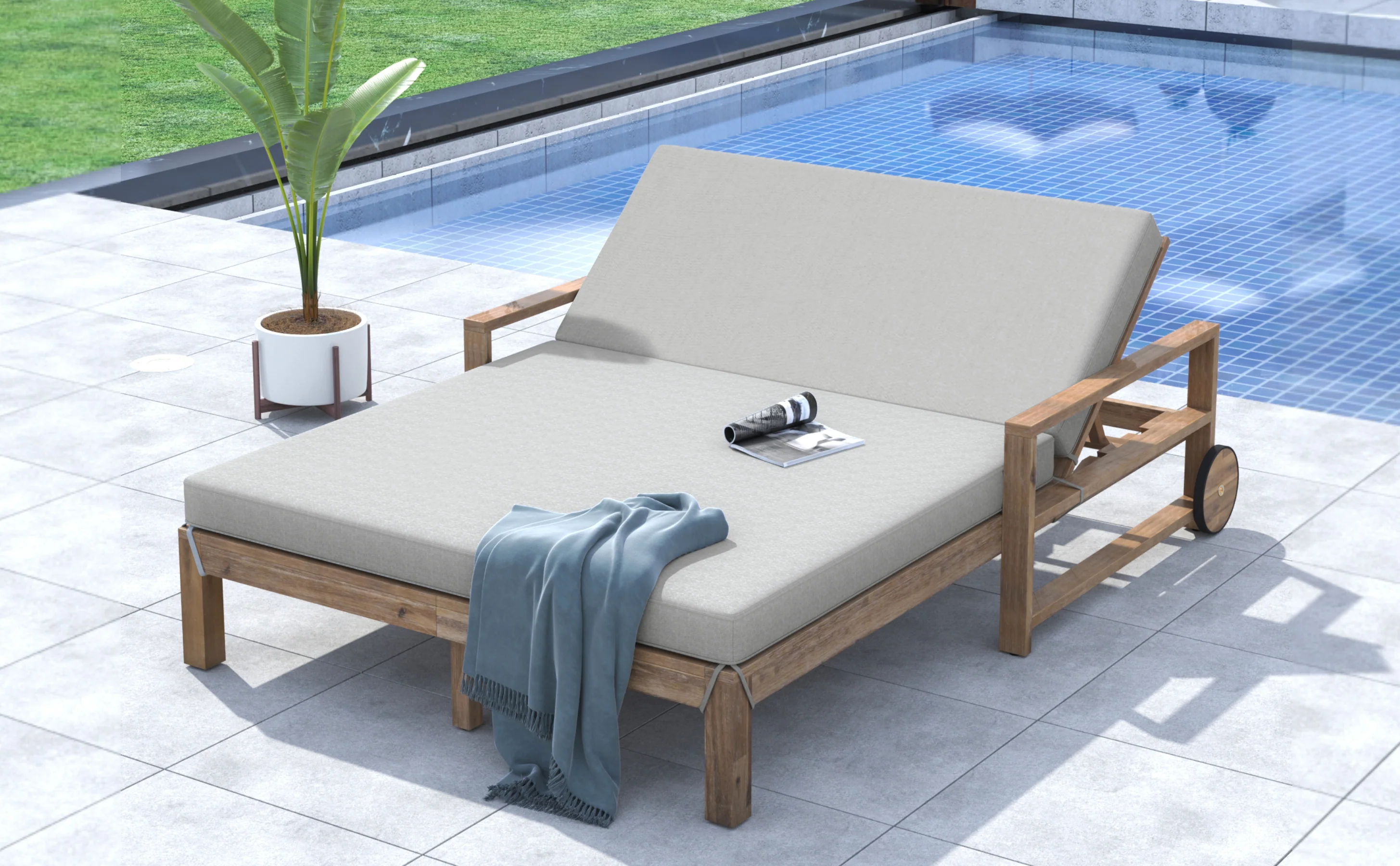 Modern Teak Wood Outdoor Patio Sunbed Lounger - Image 22
