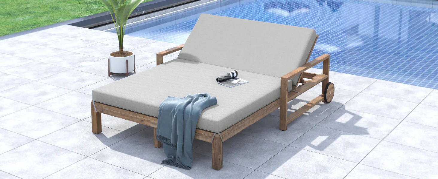 Modern Teak Wood Outdoor Patio Sunbed Lounger - Image 23