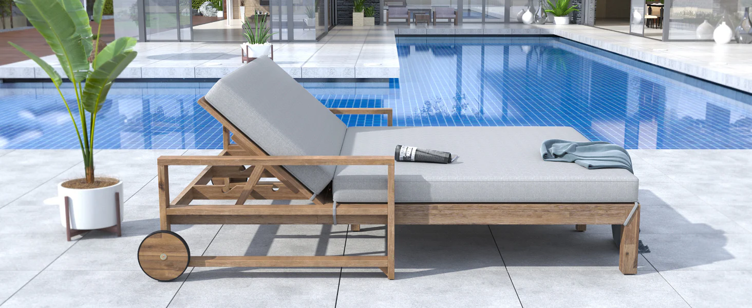 Modern Teak Wood Outdoor Patio Sunbed Lounger - Image 24