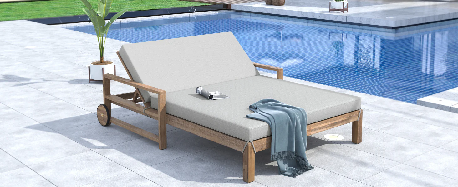 Modern Teak Wood Outdoor Patio Sunbed Lounger - Image 25