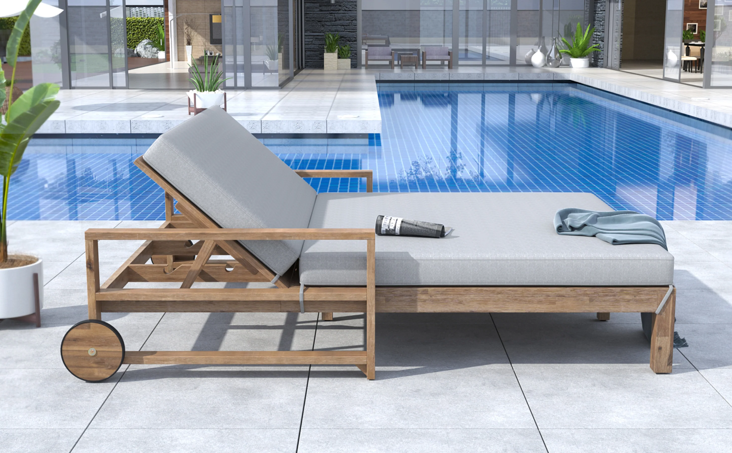 Modern Teak Wood Outdoor Patio Sunbed Lounger - Image 26