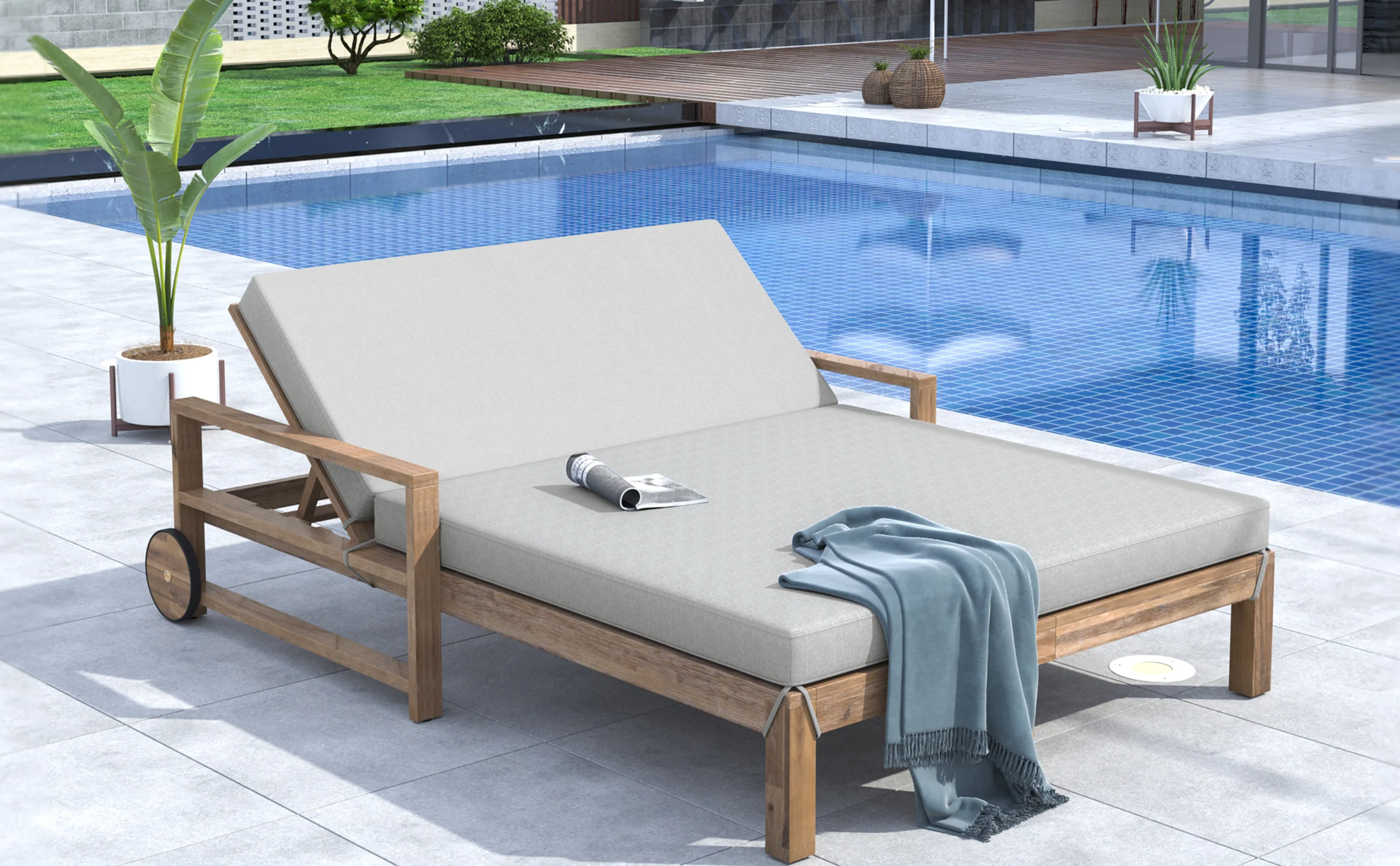 Modern Teak Wood Outdoor Patio Sunbed Lounger - Image 27
