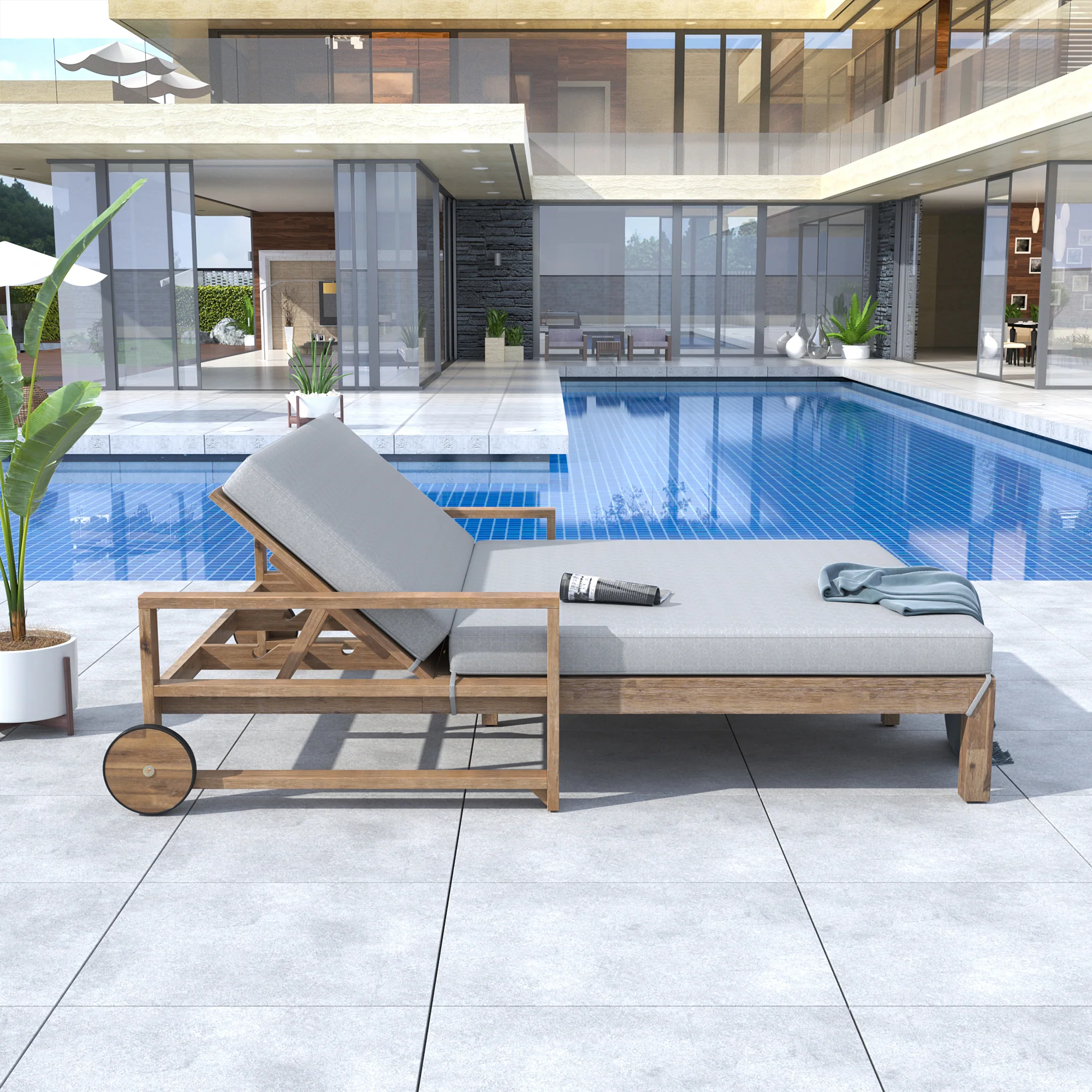 Modern Teak Wood Outdoor Patio Sunbed Lounger - Image 3