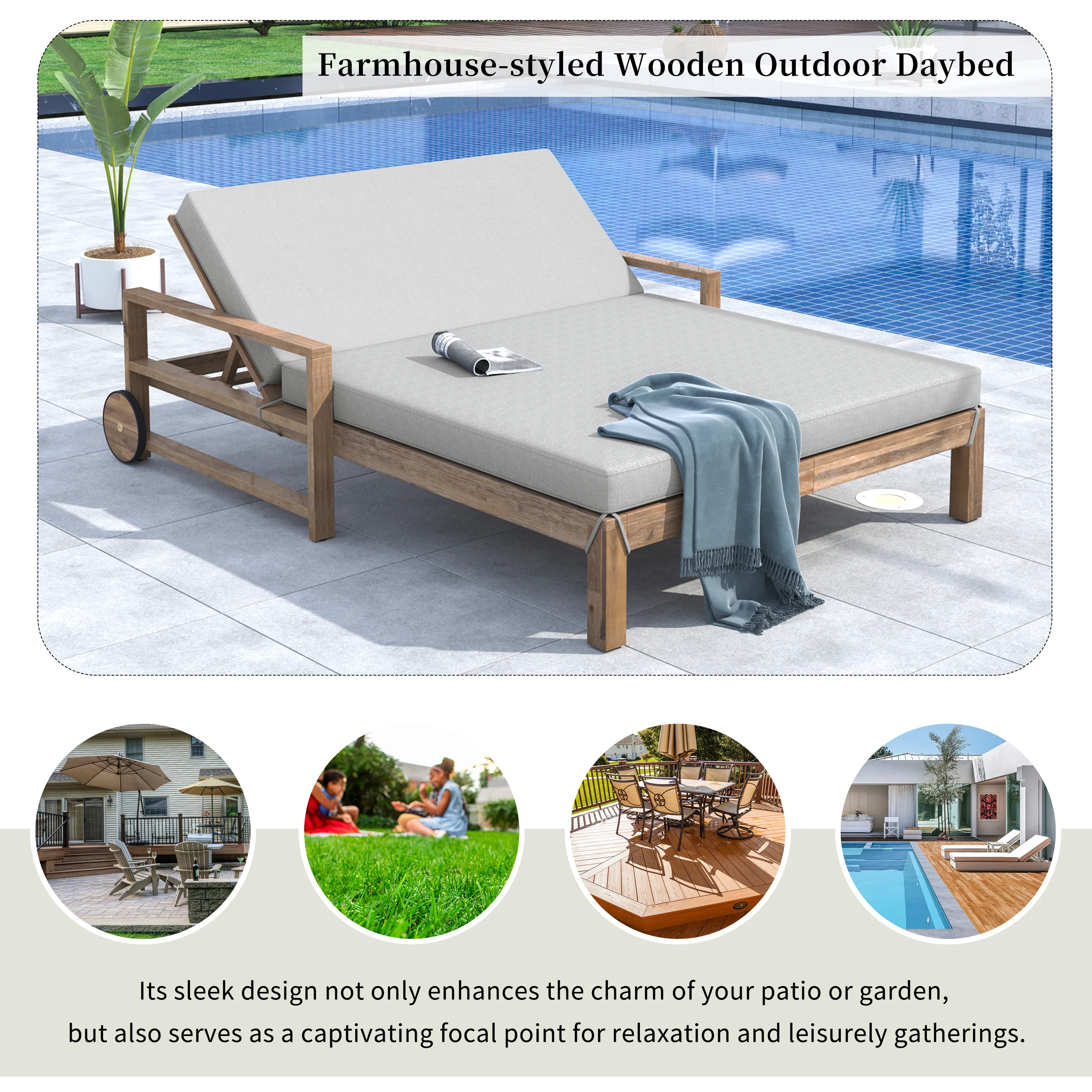 Modern Teak Wood Outdoor Patio Sunbed Lounger - Image 5