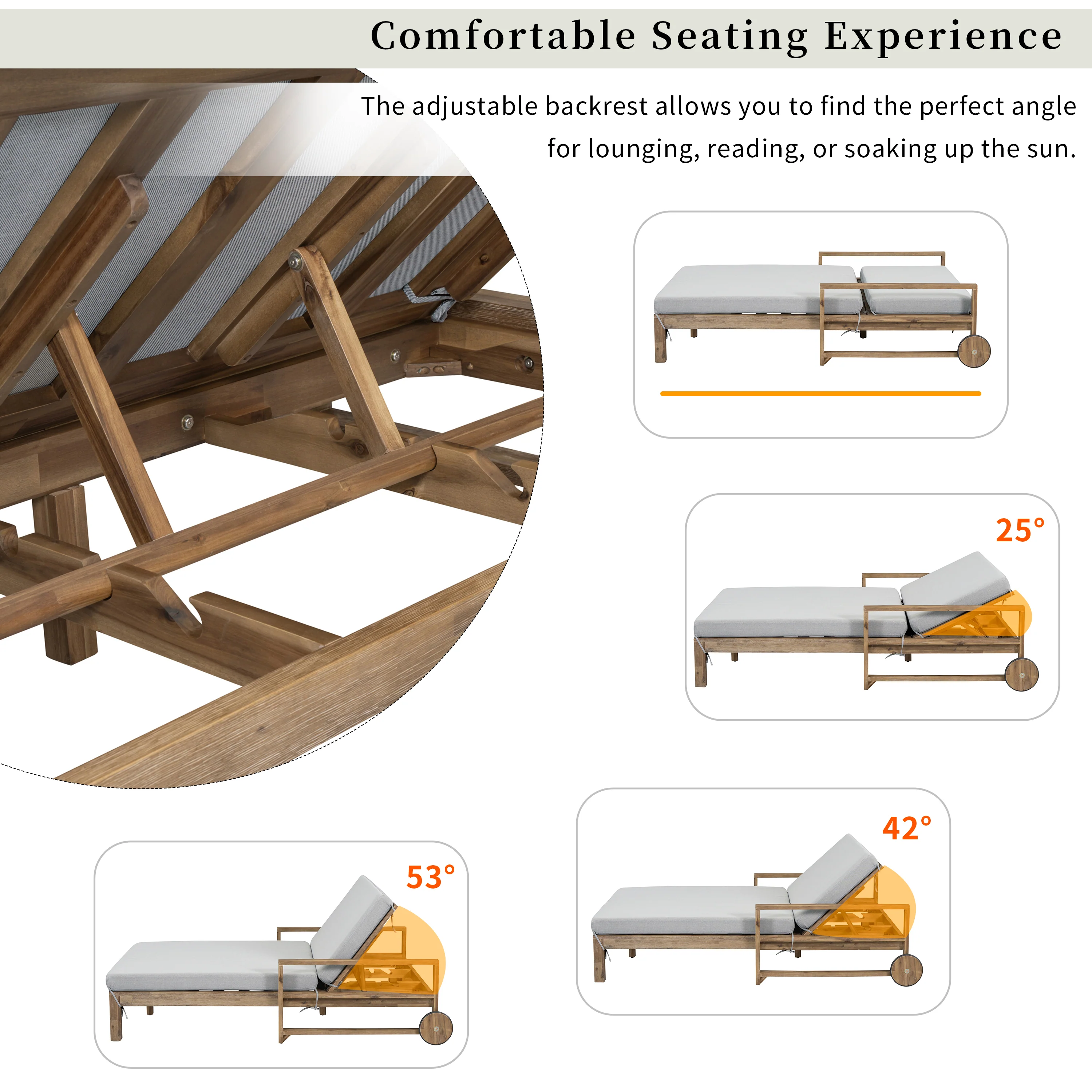 Modern Teak Wood Outdoor Patio Sunbed Lounger - Image 6
