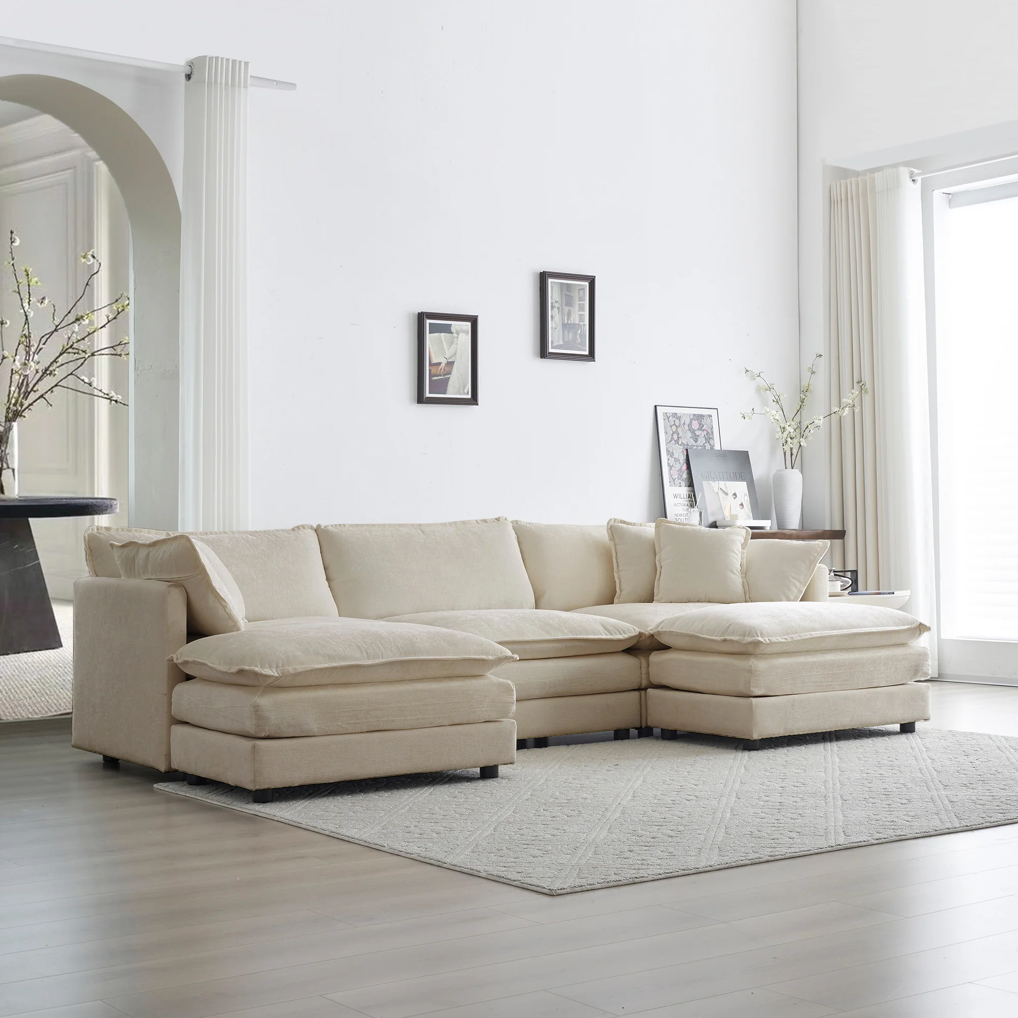 Walker Edison | Chenille Modular Cloud U-Shaped Sectional Sofa with Two Ottomans - Image 2