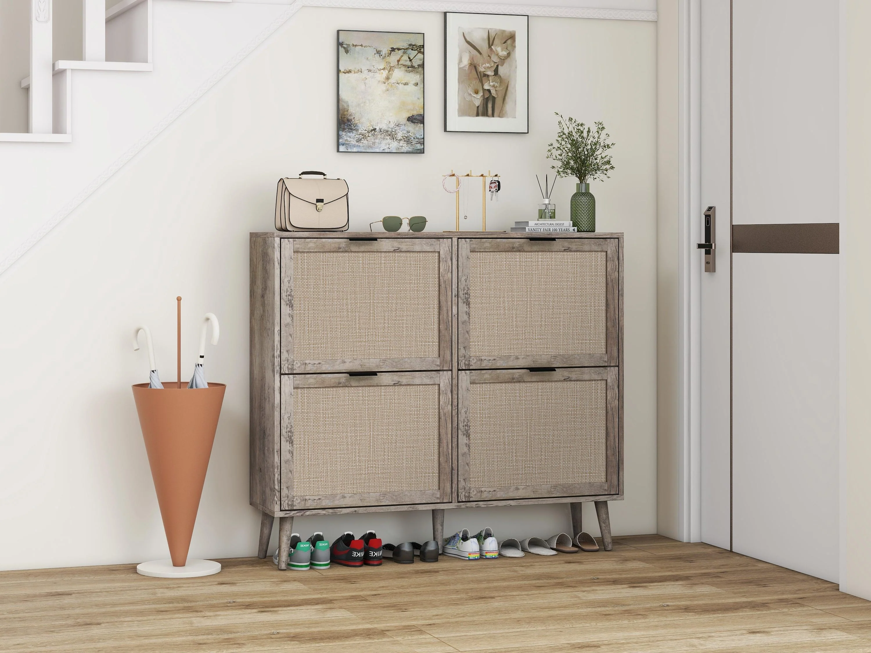 Walker Edison | Modern Rattan 4 Door Shoe Rack Cabinet for Entryway - Image 3