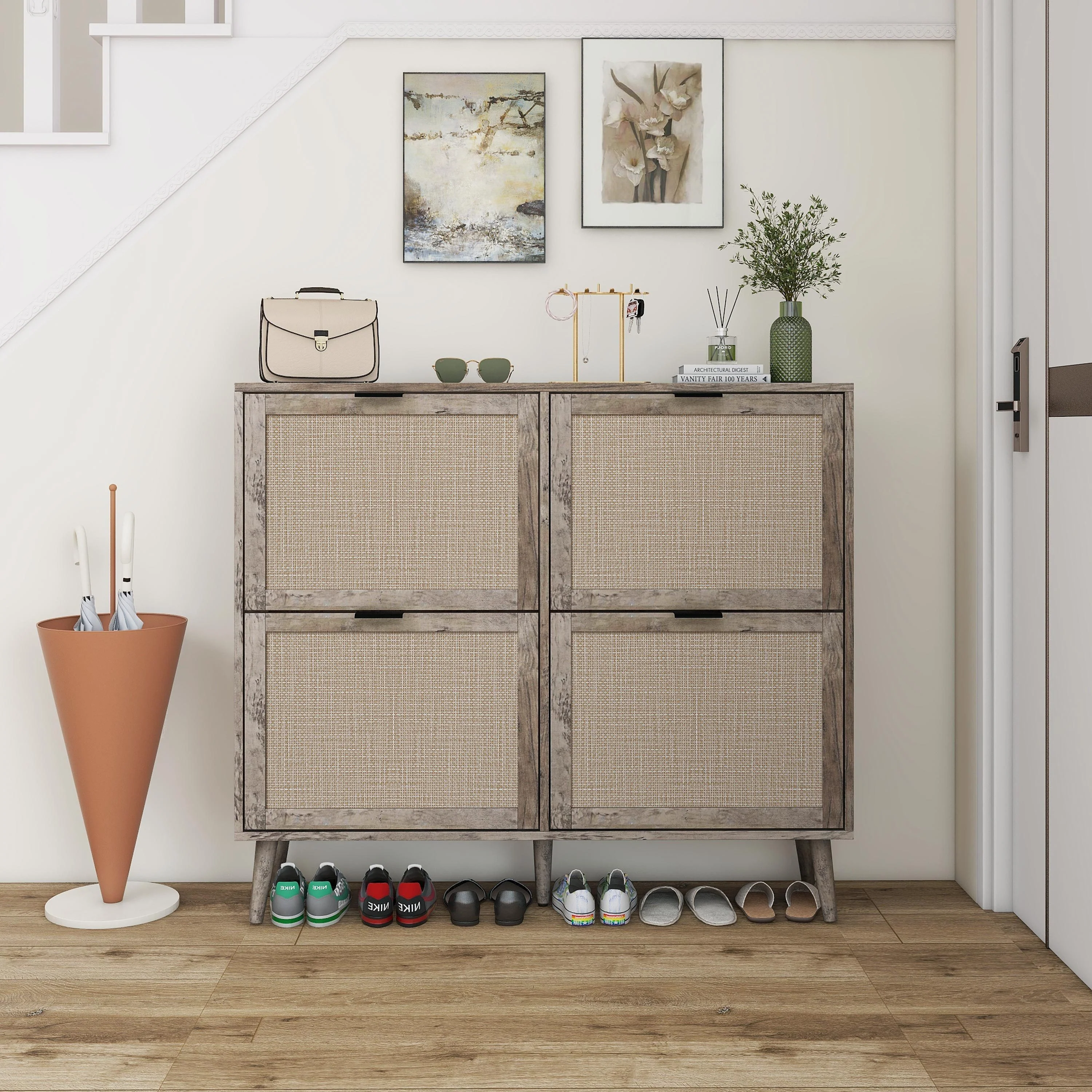 Walker Edison | Modern Rattan 4 Door Shoe Rack Cabinet for Entryway - Image 4