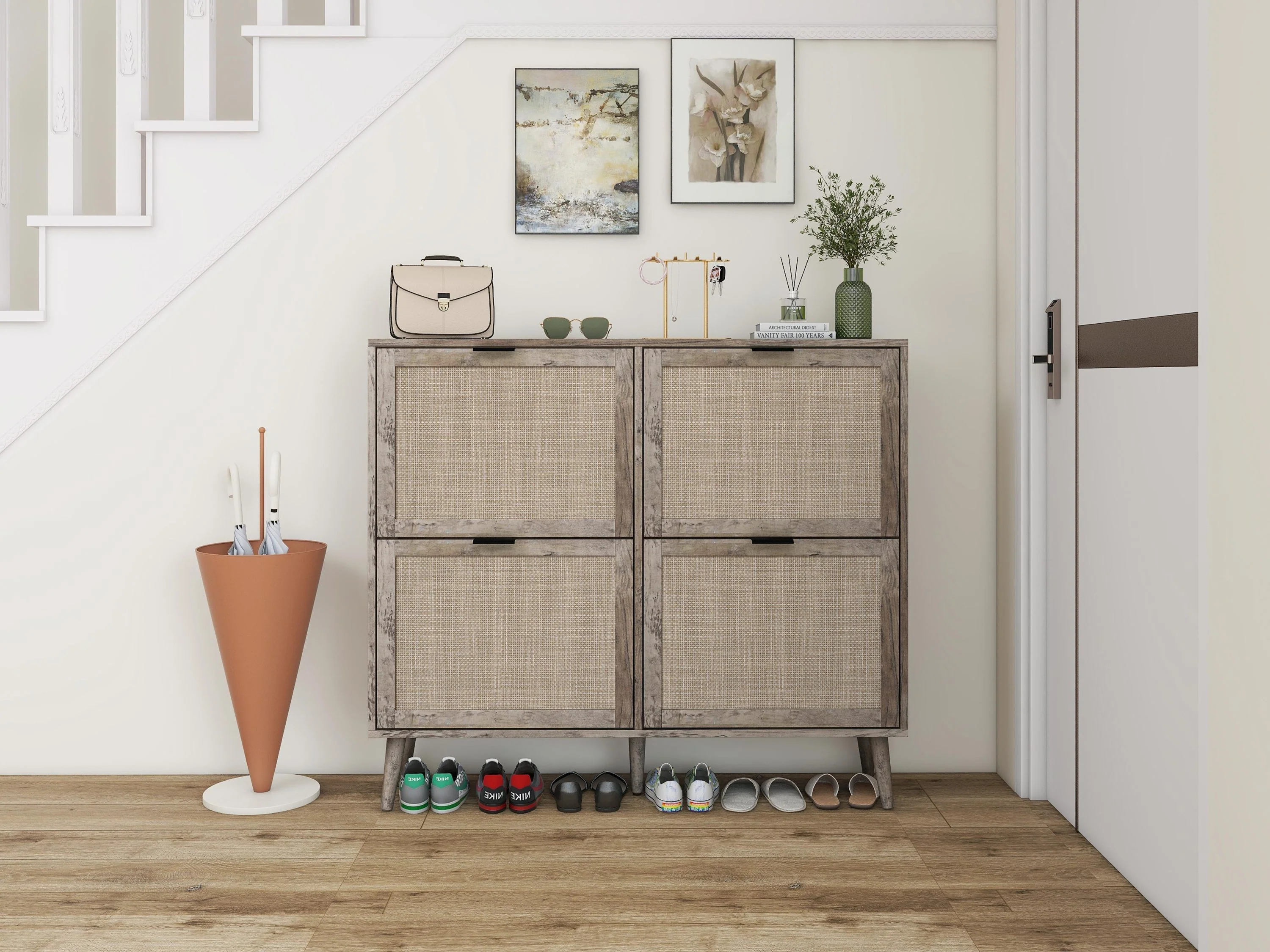 Walker Edison | Modern Rattan 4 Door Shoe Rack Cabinet for Entryway - Image 5