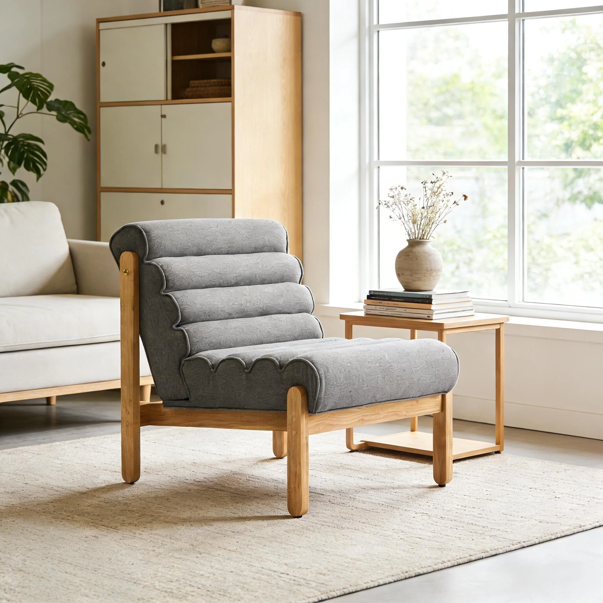 Fluffy Accent Chair Gray with Natural Solid Wood Frame - Image 2