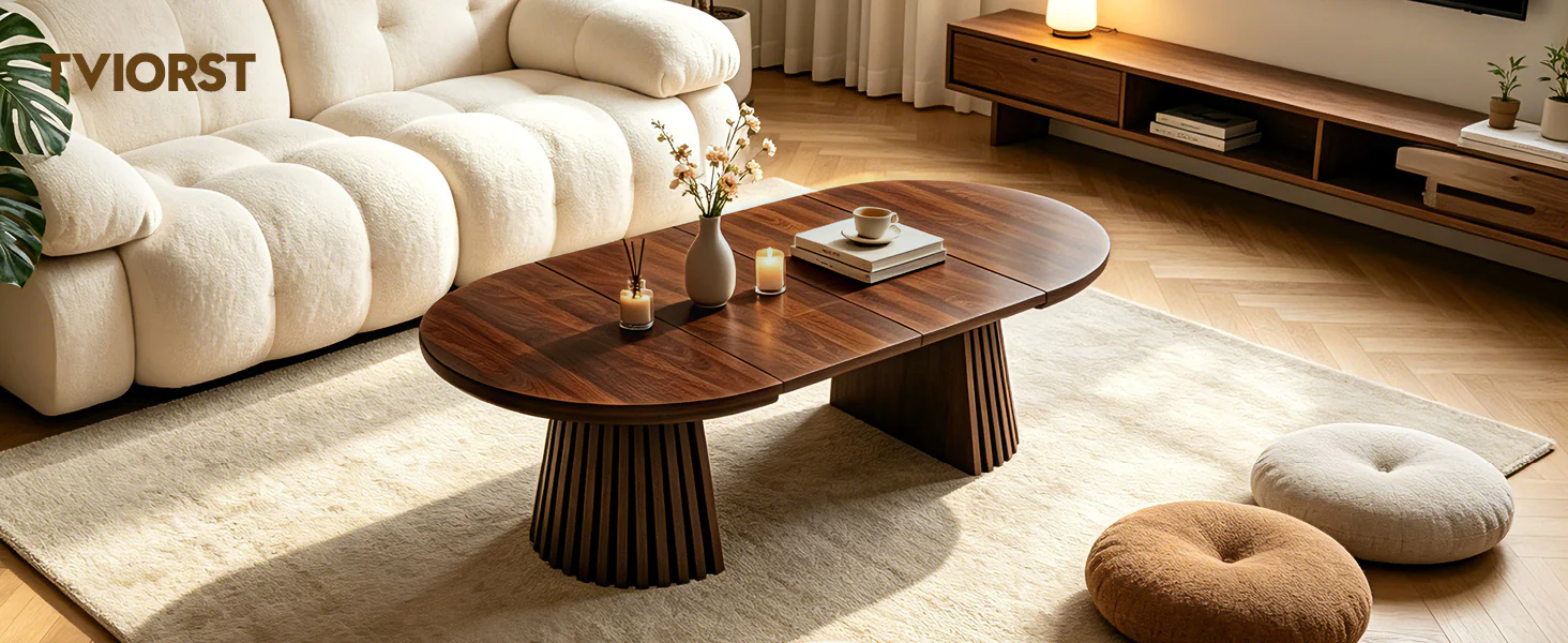Fluted Design Extendable Wooden Curve Coffee Table - Image 12