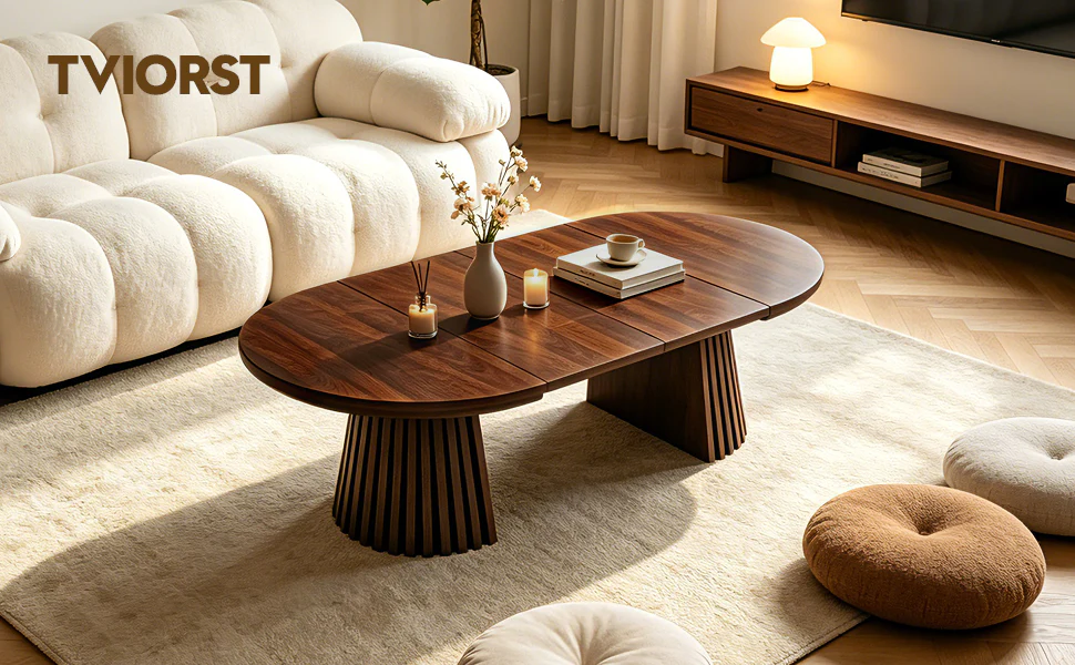 Fluted Design Extendable Wooden Curve Coffee Table - Image 18