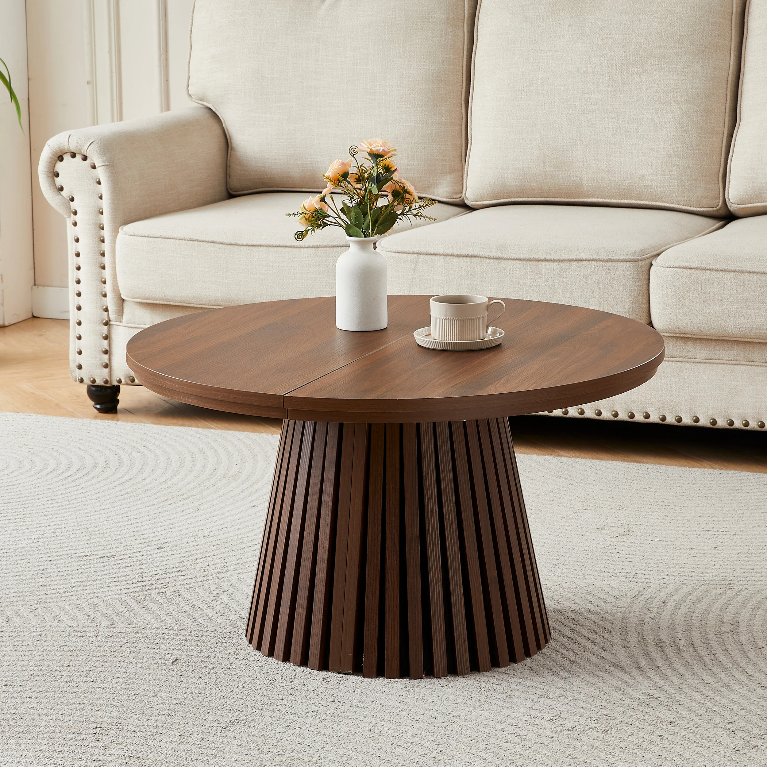 Fluted Design Extendable Wooden Curve Coffee Table - Image 2