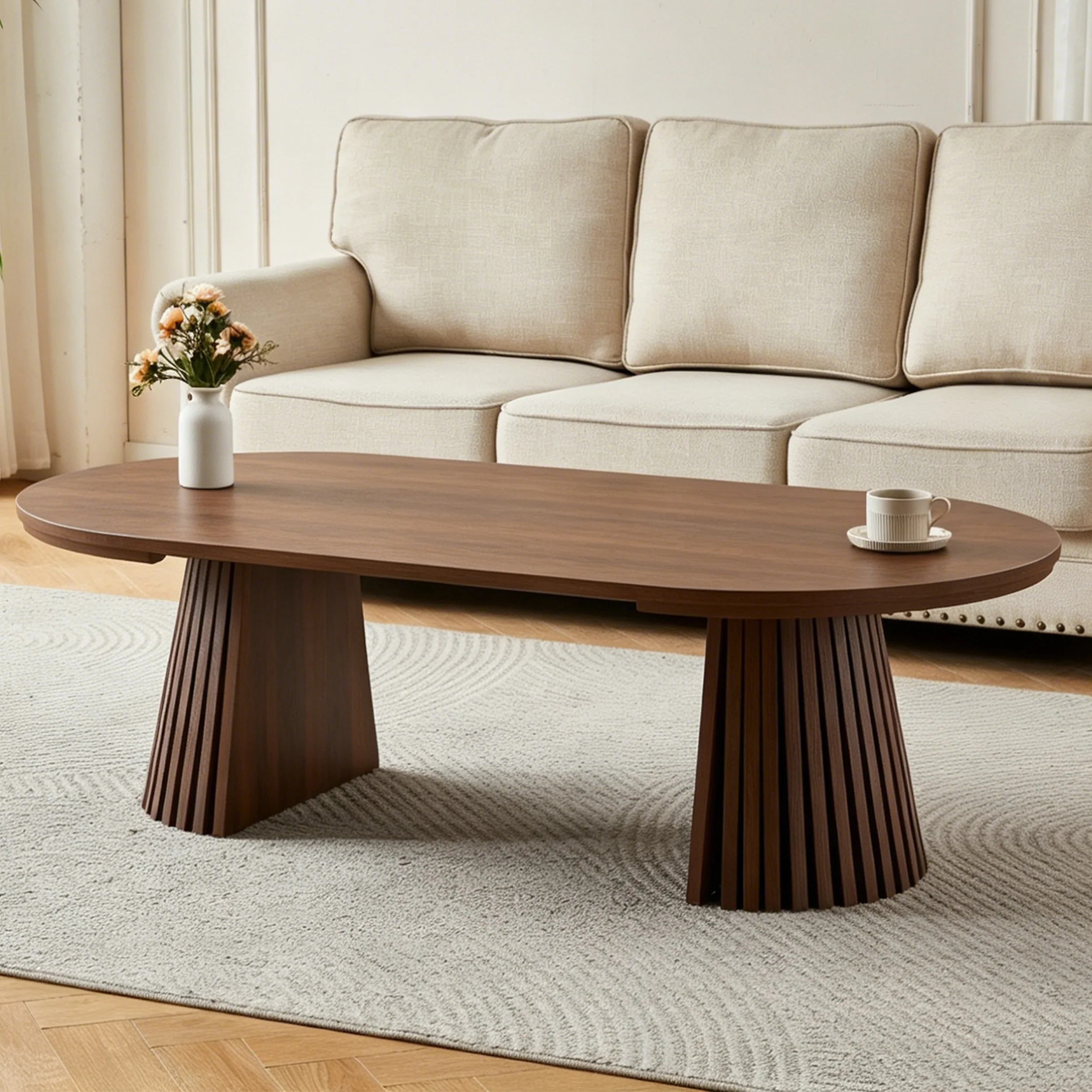 Fluted Design Extendable Wooden Curve Coffee Table - Image 3