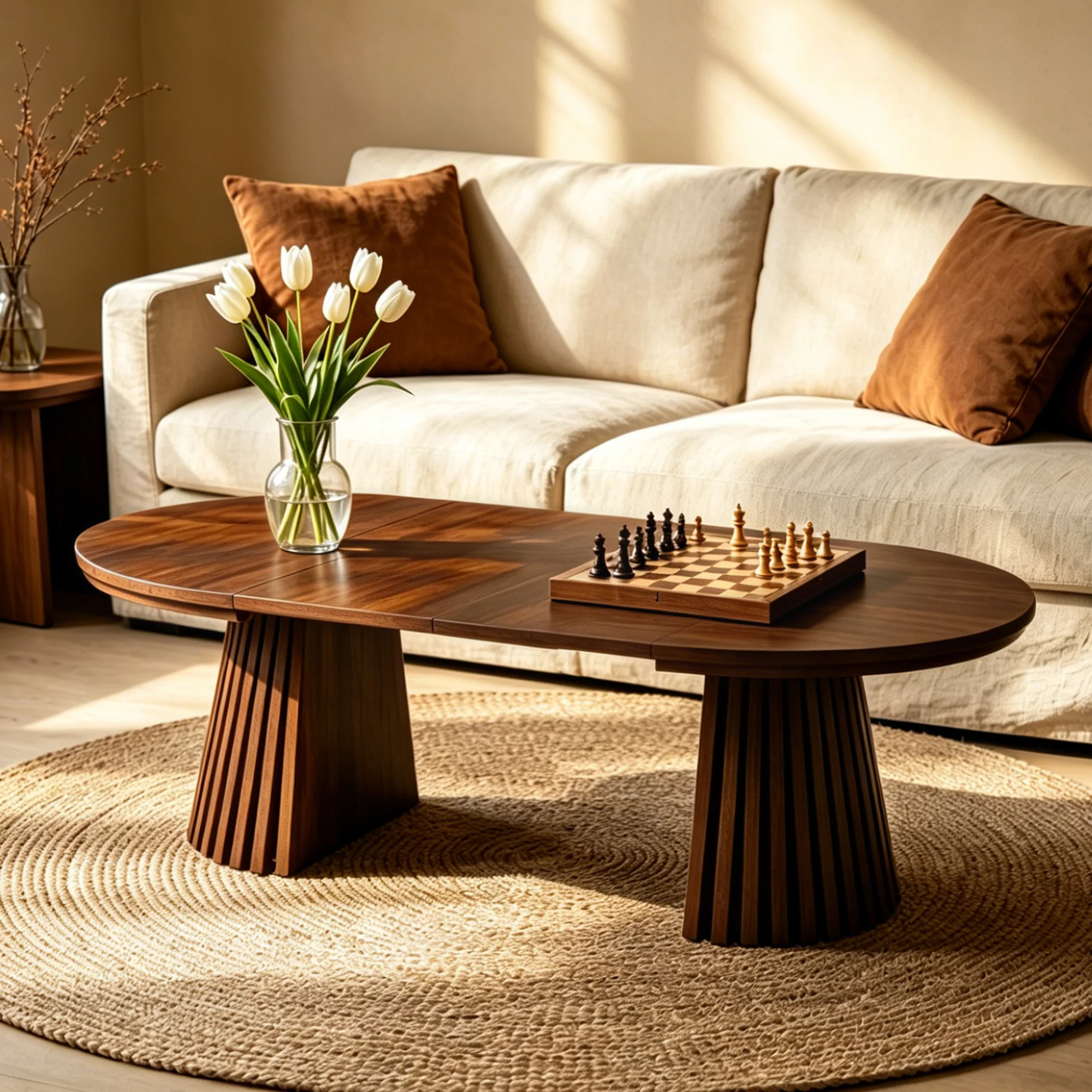 Fluted Design Extendable Wooden Curve Coffee Table - Image 4