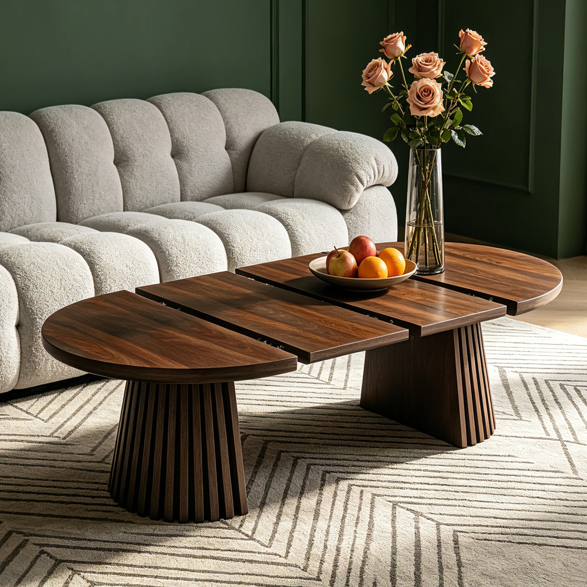 Fluted Design Extendable Wooden Curve Coffee Table - Image 5