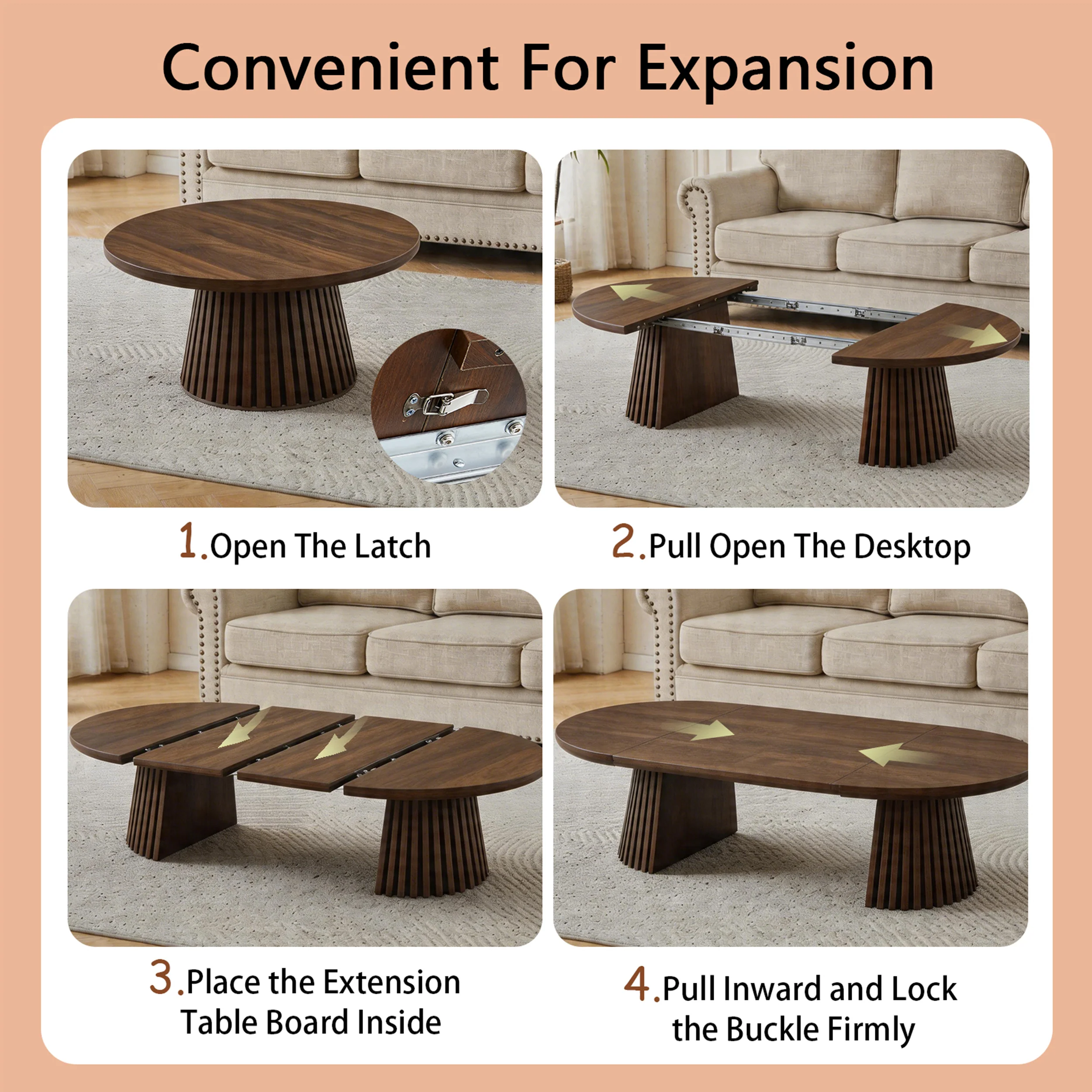 Fluted Design Extendable Wooden Curve Coffee Table - Image 7