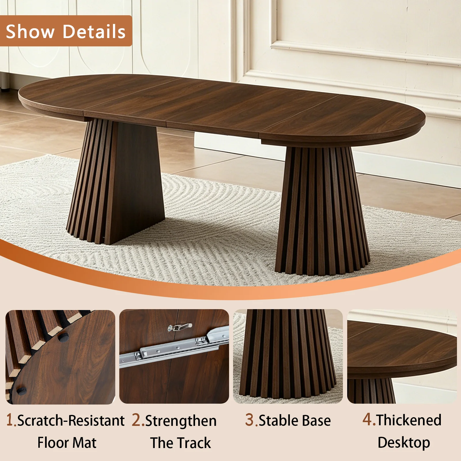 Fluted Design Extendable Wooden Curve Coffee Table - Image 8