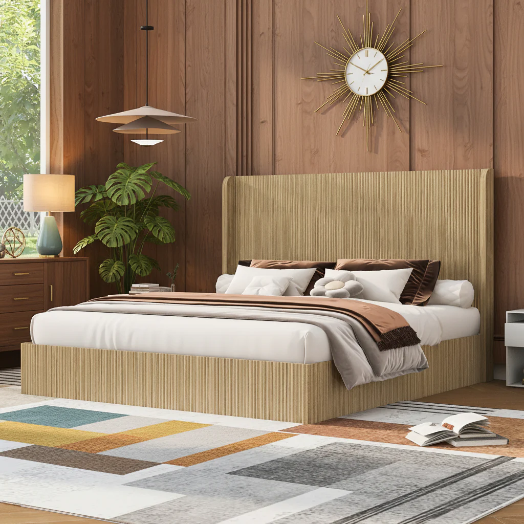 Fluted Mid-Century King Size Wood Bed Frame