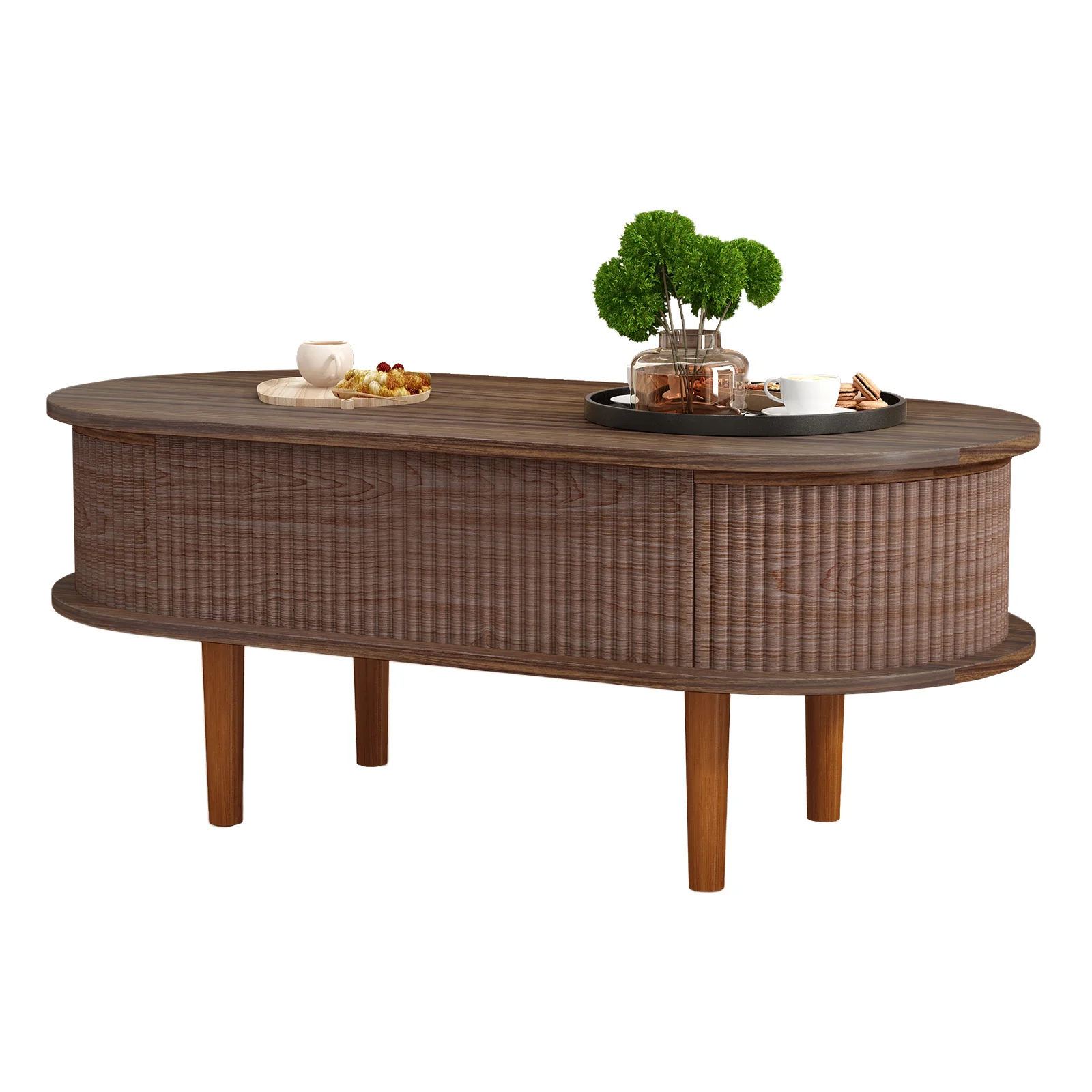 Fluted Modern Oval Lift Top Coffee Table with Hidden Compartment - Image 10