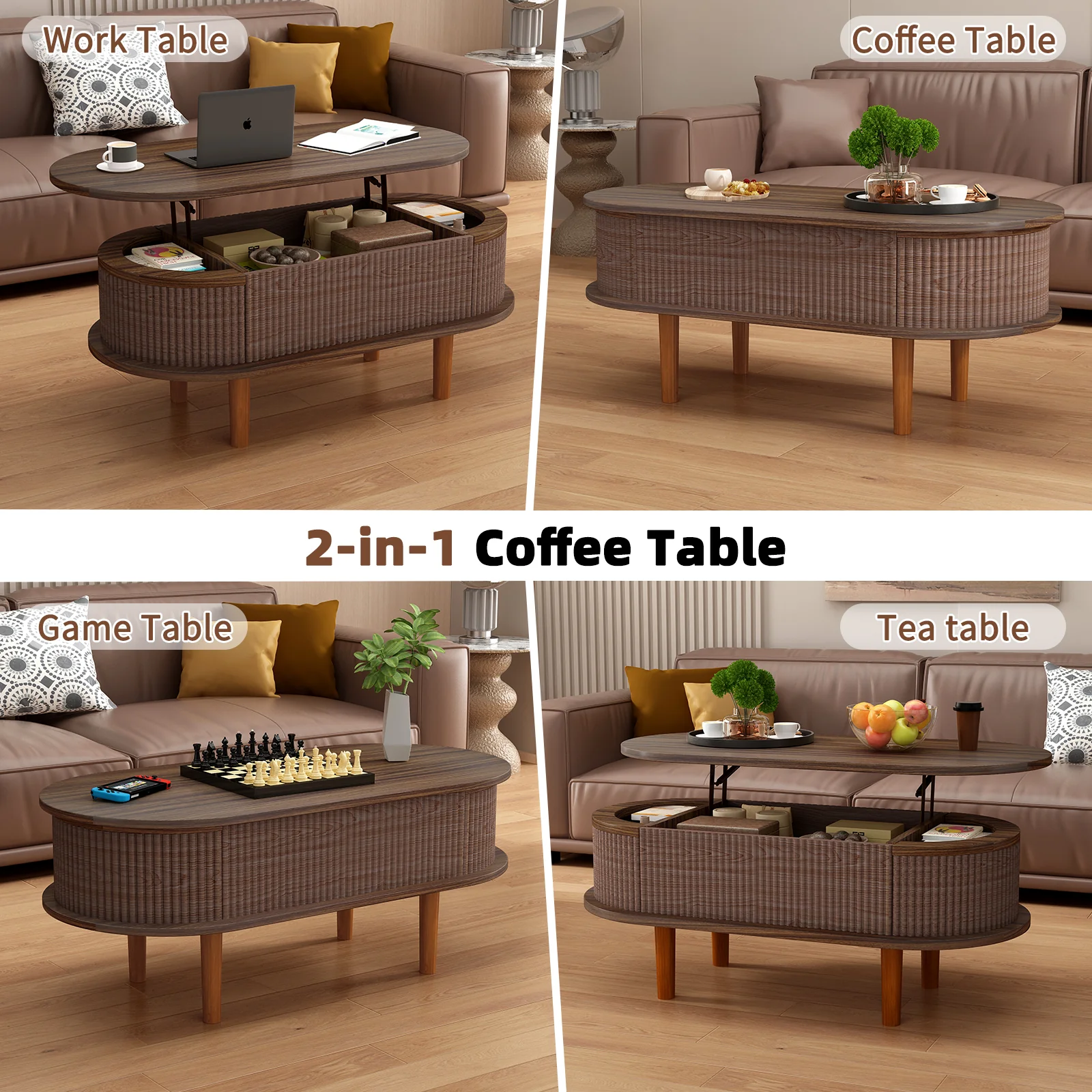 Fluted Modern Oval Lift Top Coffee Table with Hidden Compartment - Image 11