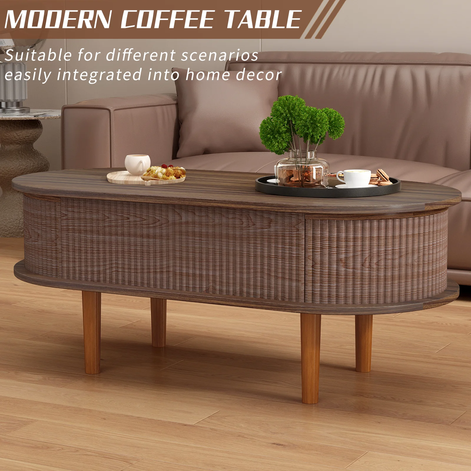Fluted Modern Oval Lift Top Coffee Table with Hidden Compartment - Image 13