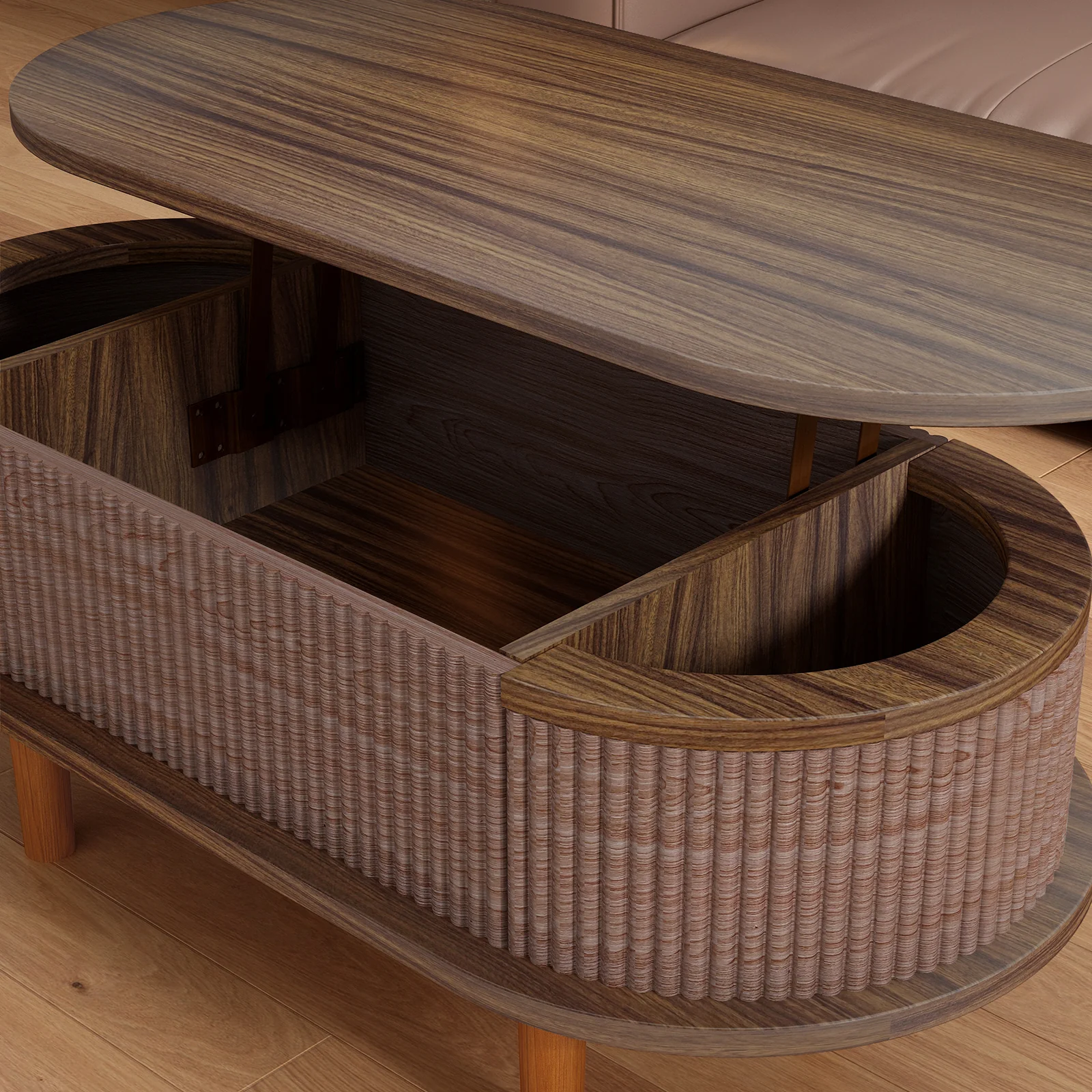Fluted Modern Oval Lift Top Coffee Table with Hidden Compartment - Image 2