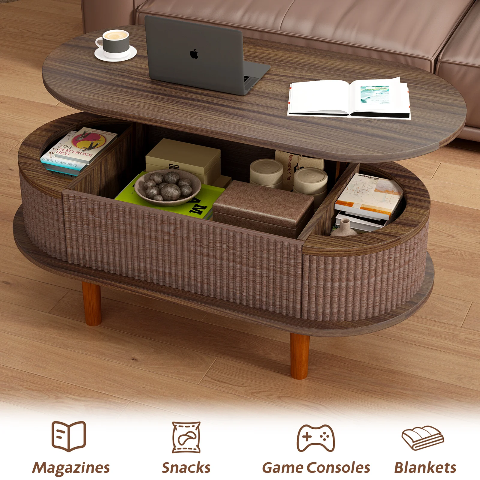 Fluted Modern Oval Lift Top Coffee Table with Hidden Compartment - Image 4