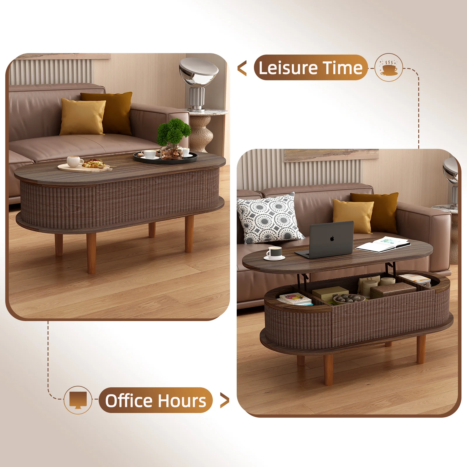 Fluted Modern Oval Lift Top Coffee Table with Hidden Compartment - Image 6