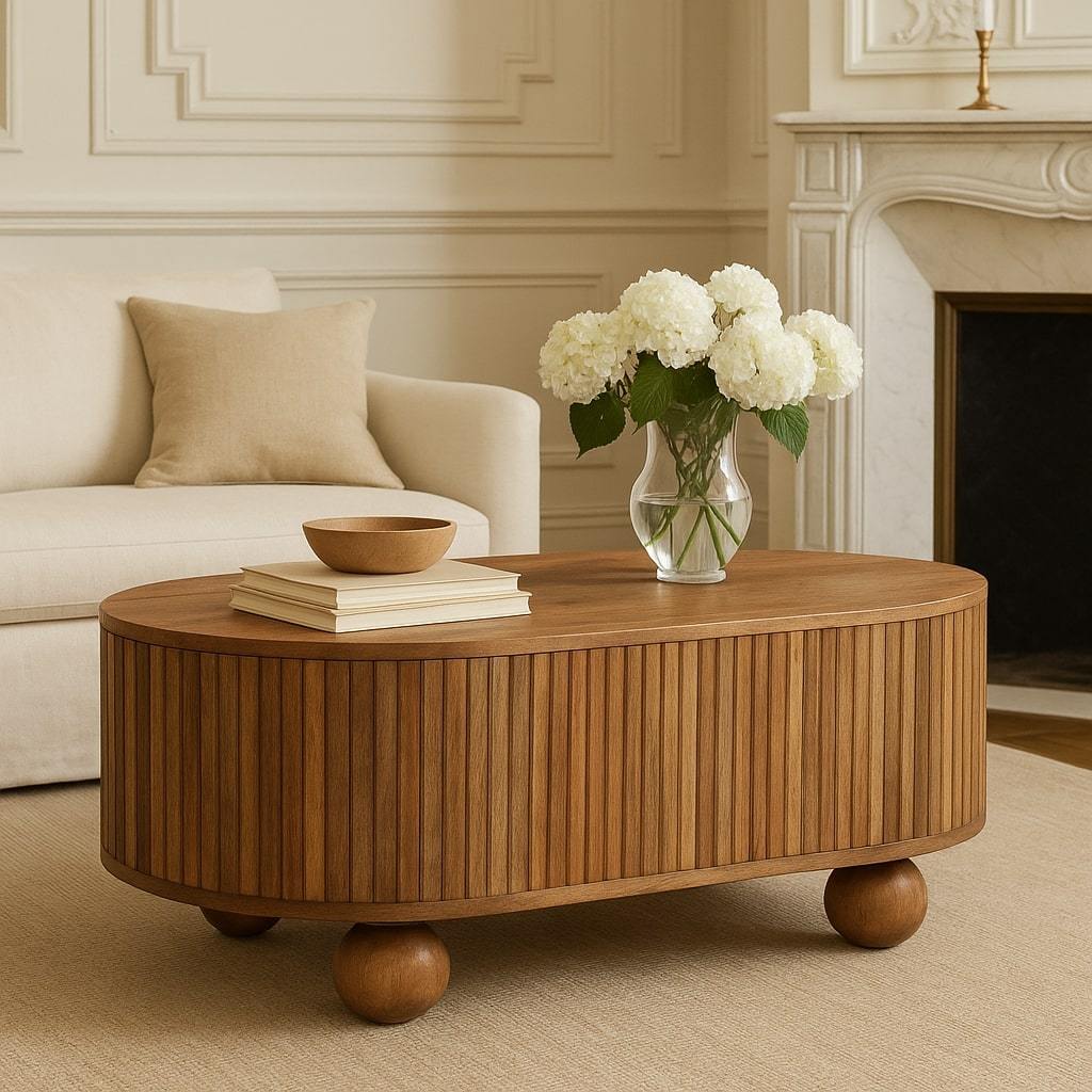Fluted Solid Wood Ball Leg Coffee Table with Storage