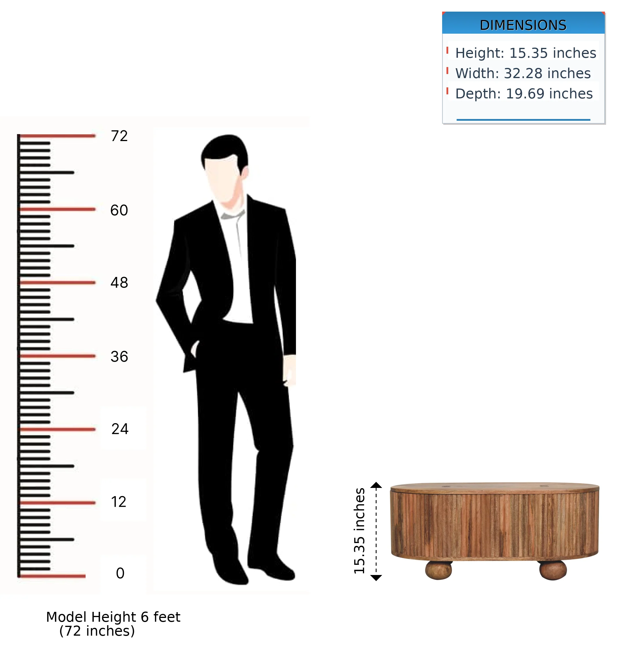 Fluted Solid Wood Ball Leg Coffee Table with Storage - Image 12