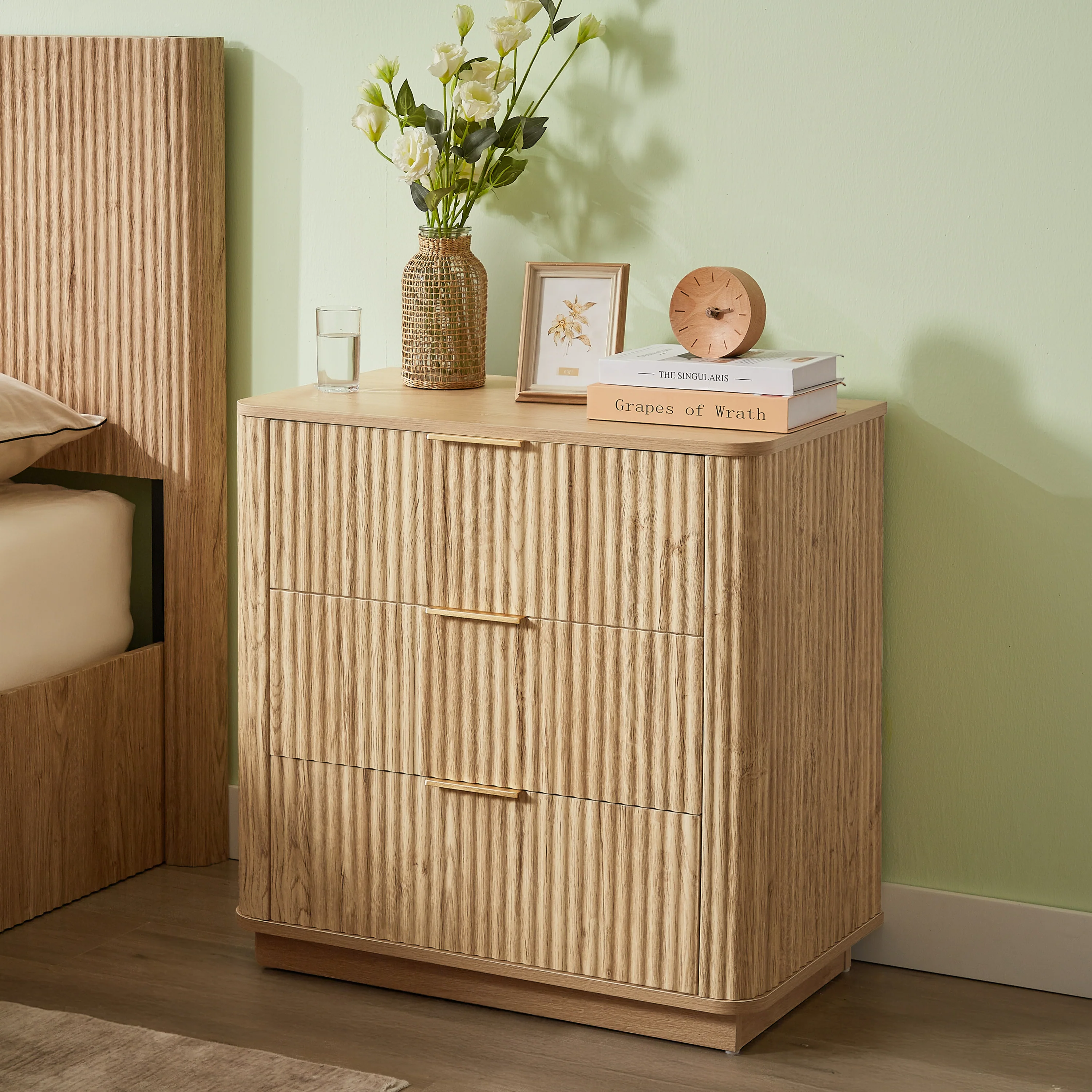 Fluted Wide Modern 3 Drawers Nightstand & Side Table Set of 2