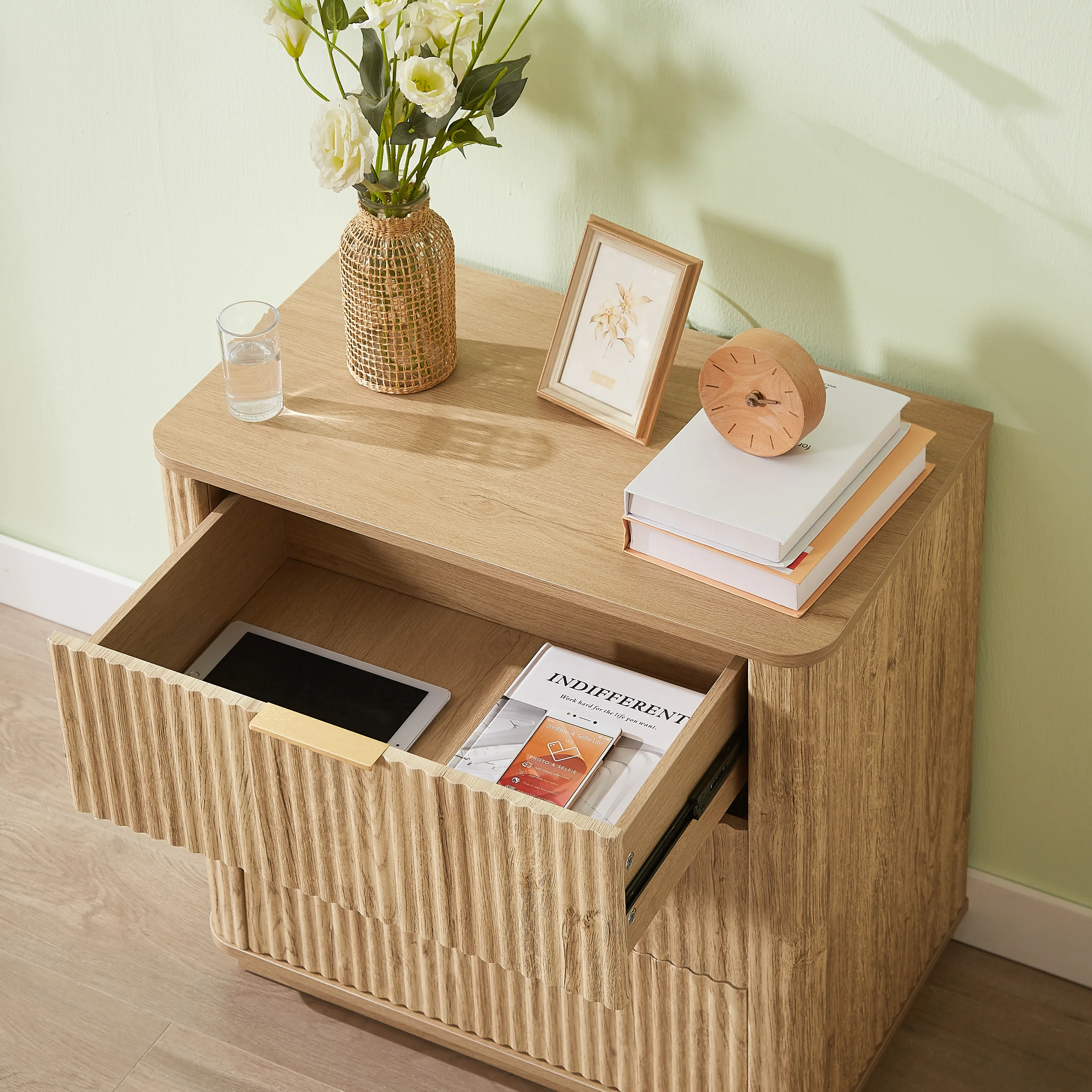 Fluted Wide Modern 3 Drawers Nightstand & Side Table Set of 2 - Image 14