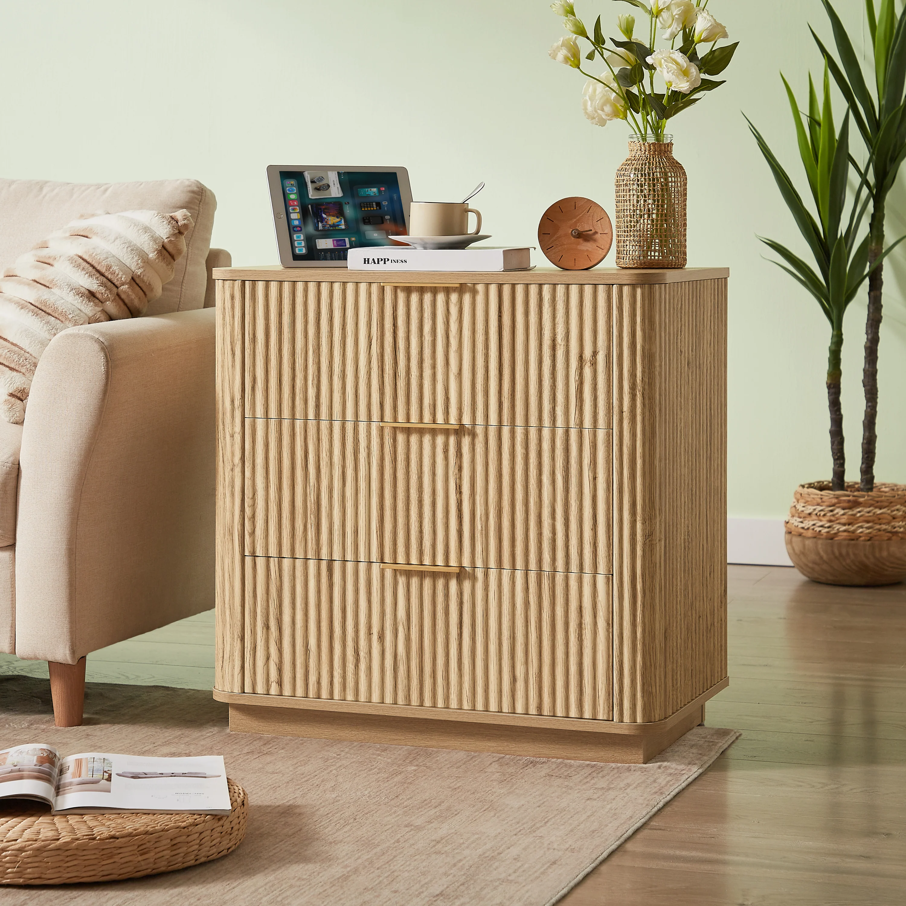 Fluted Wide Modern 3 Drawers Nightstand & Side Table Set of 2 - Image 2