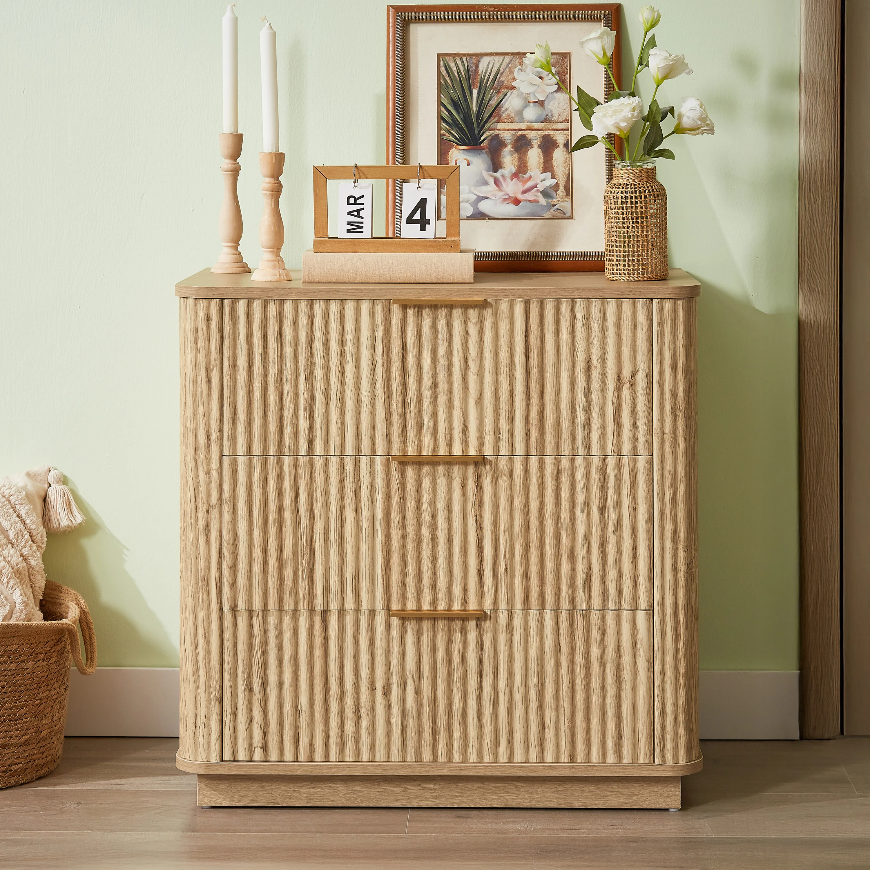 Fluted Wide Modern 3 Drawers Nightstand & Side Table Set of 2 - Image 3