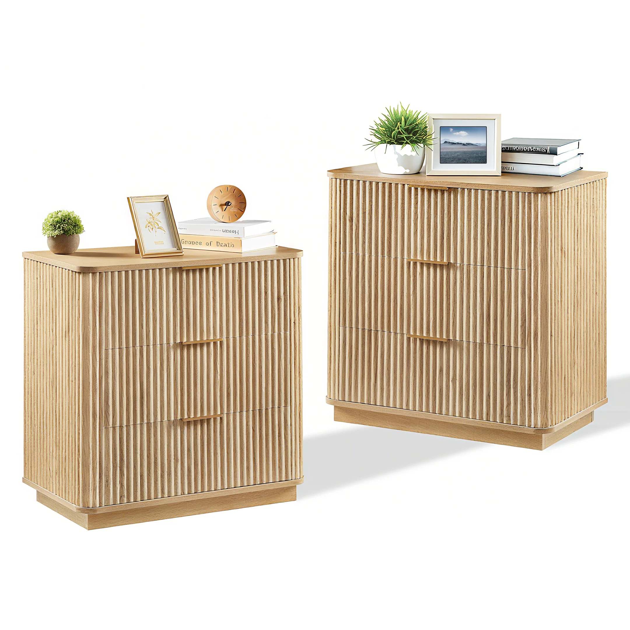 Fluted Wide Modern 3 Drawers Nightstand & Side Table Set of 2 - Image 4